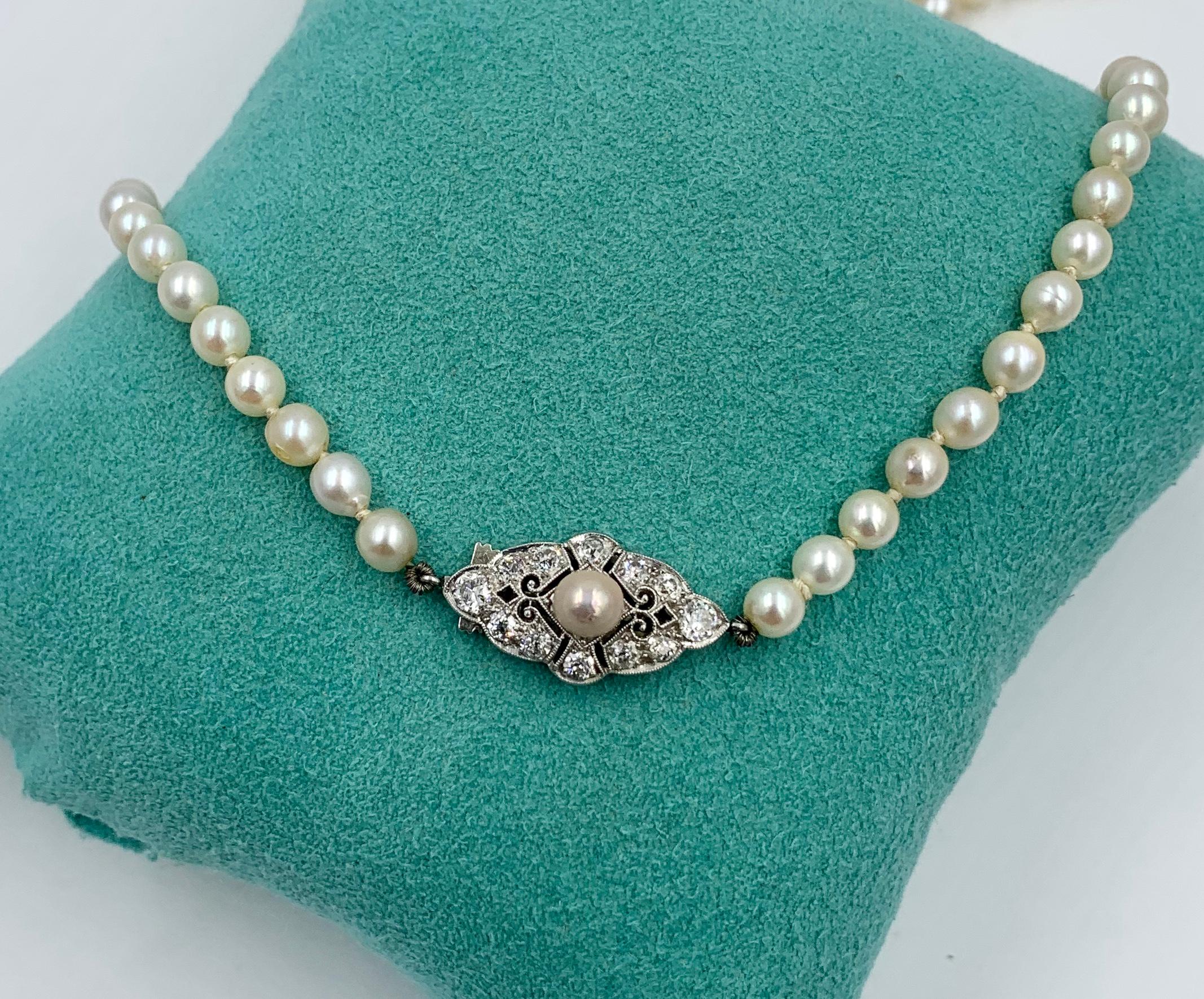 Women's Edwardian .7 Carat Old European Diamond Platinum Pearl Necklace Antique