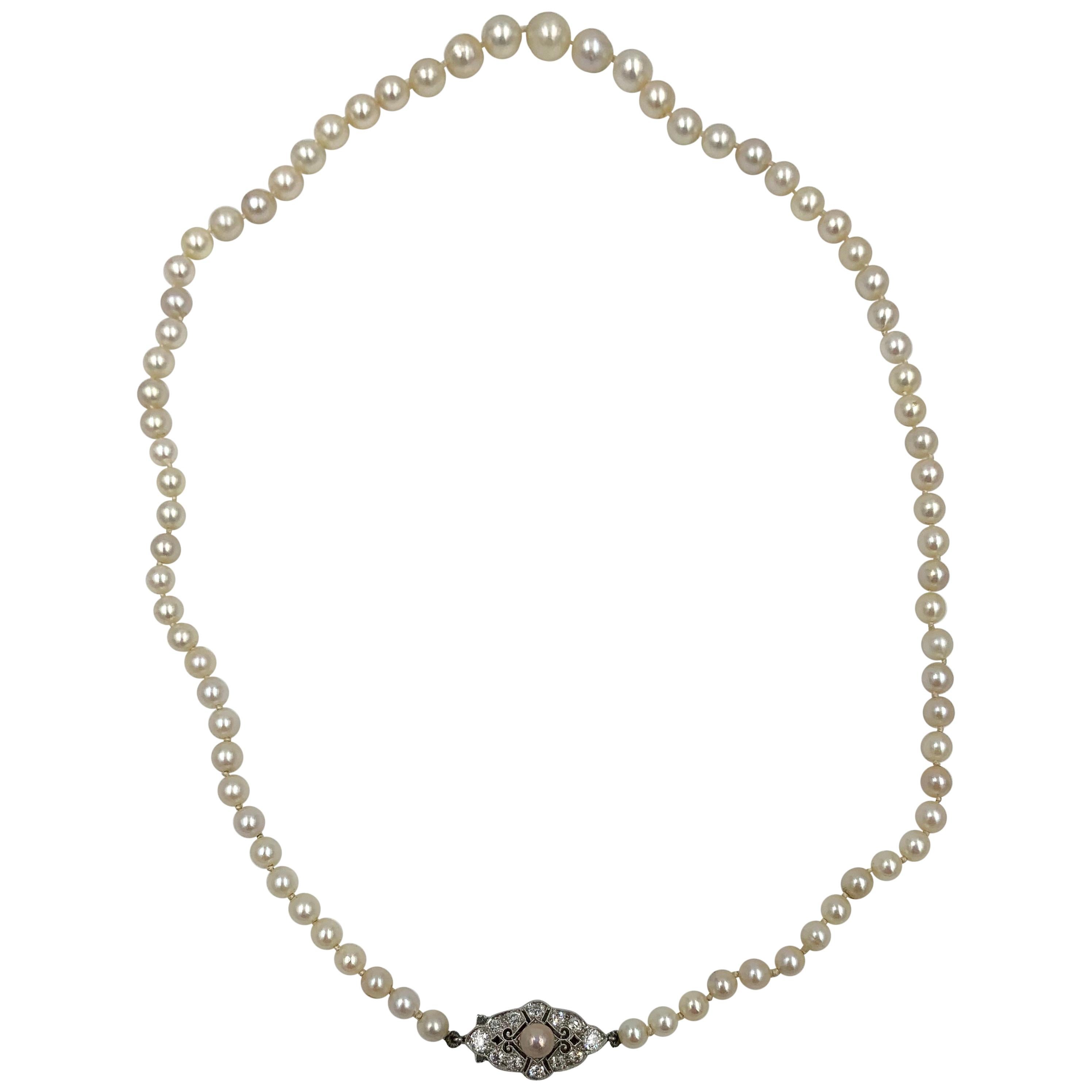 Edwardian .7 Carat Old European Diamond Platinum Pearl Necklace Antique