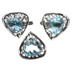 Edwardian 7 Carats Aquamarine Cufflinks and Tie Tack Set, White Gold