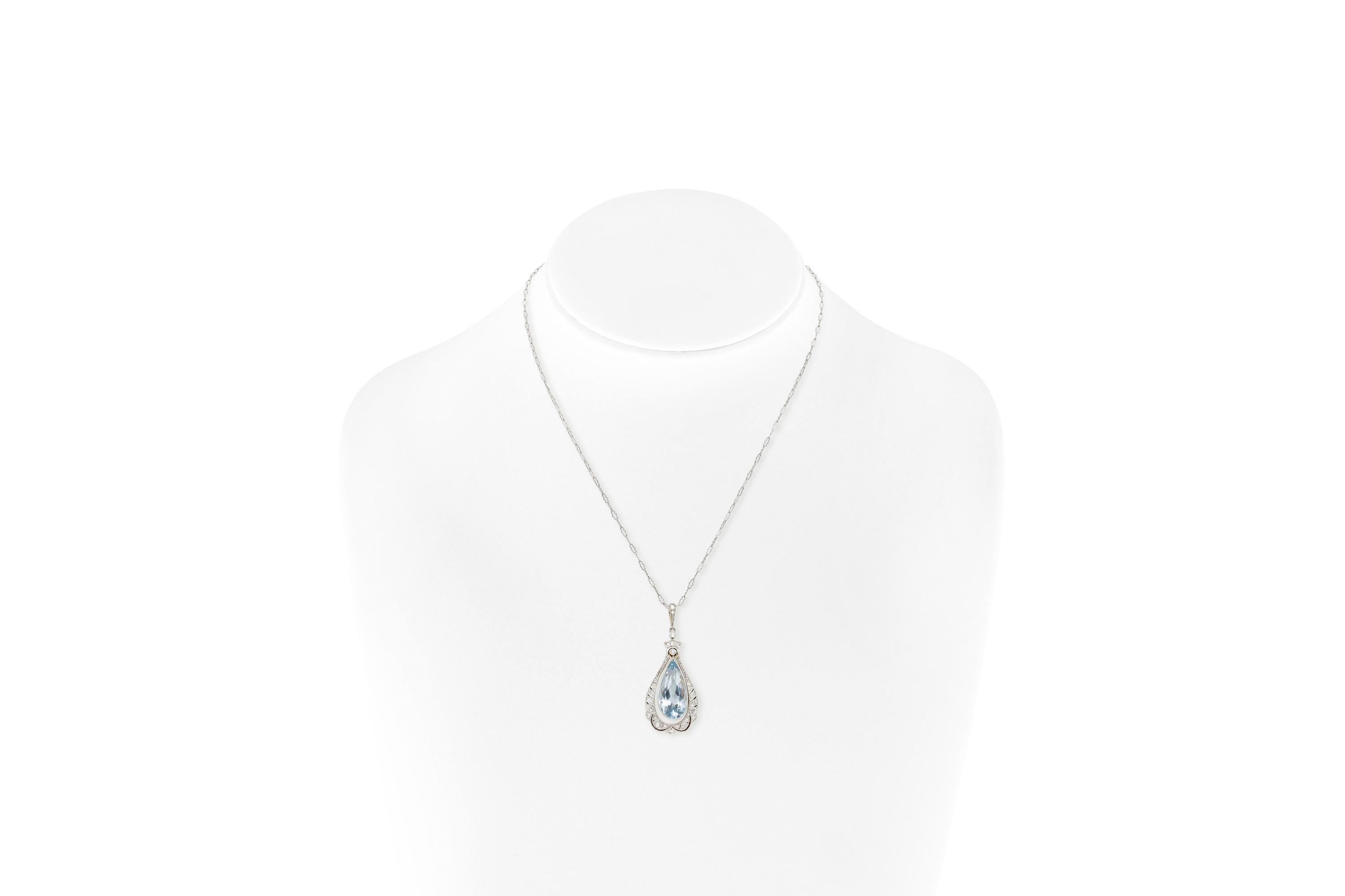 Finley crafted in 14k white gold with a Pear-Shaped Aquamarine weighing approximately 7.00 carats.
The pendant features diamonds weighing approximately a total of 0.40 carats.
Edwardian, circa 1910s