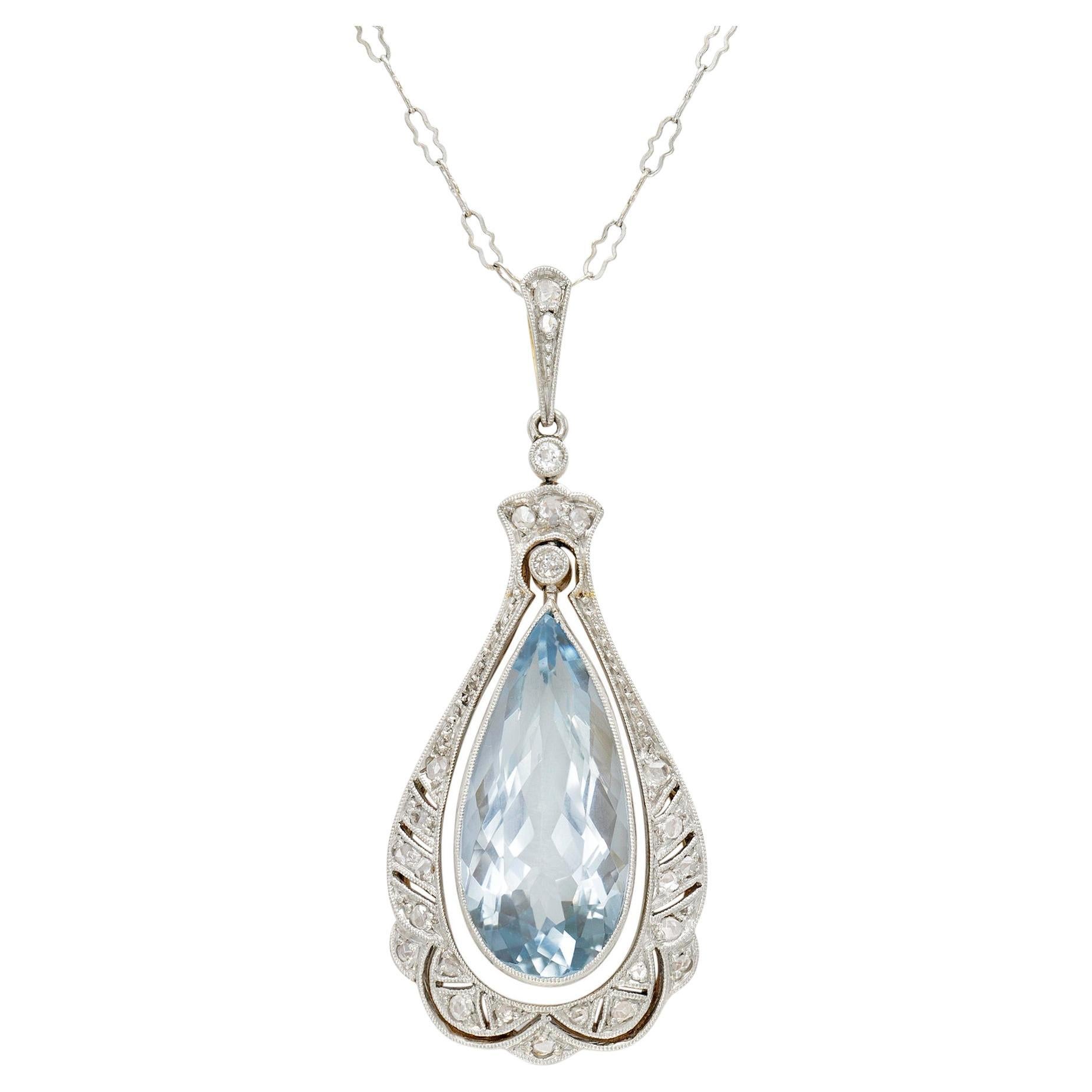 Edwardian 7.00 Carat Pear Shaped Aquamarine Pendant Necklace For Sale