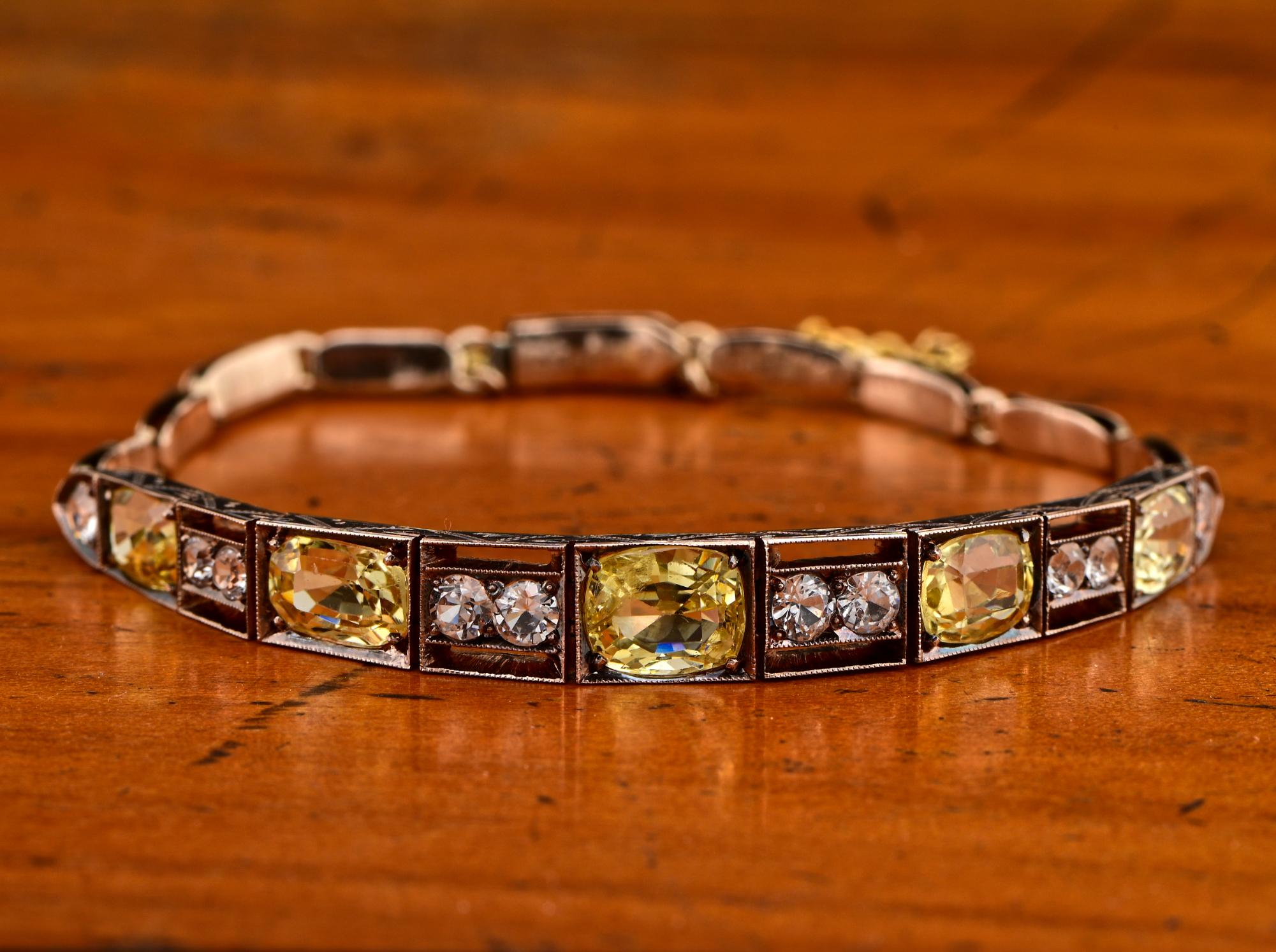Rare Find
This gorgeous and unique antique bracelet is in transition between Victorian and Edwardian era, 1900 ca
Exquisite in workmanship all hand executed 18 KT gold tested, detailed by engravings and fine open work on the frontal side, hosting a