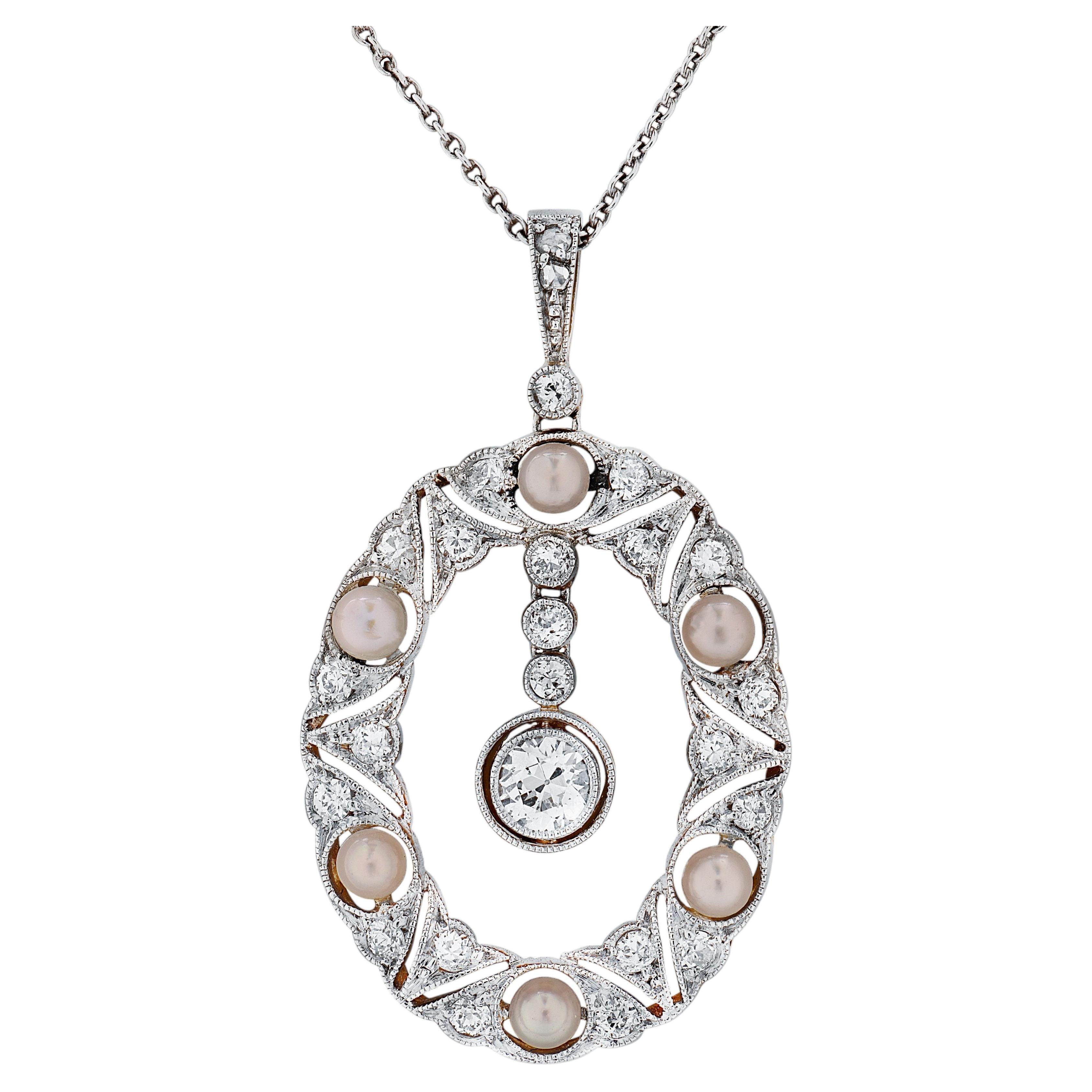 Collier édouardien de 0,75 carat de diamants de taille européenne et de perles