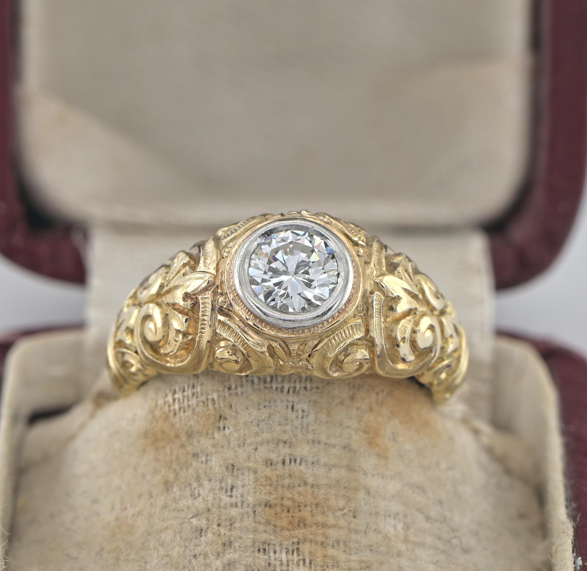 Past Remembrance
Outstanding Edwardian period Diamond solitaire ring
Reminiscent of the Victorian period boasts stunning workmanship of the glorious Edwardian era, totally hand made with heavy solid 18 Kt gold mount artful and richly deep carved