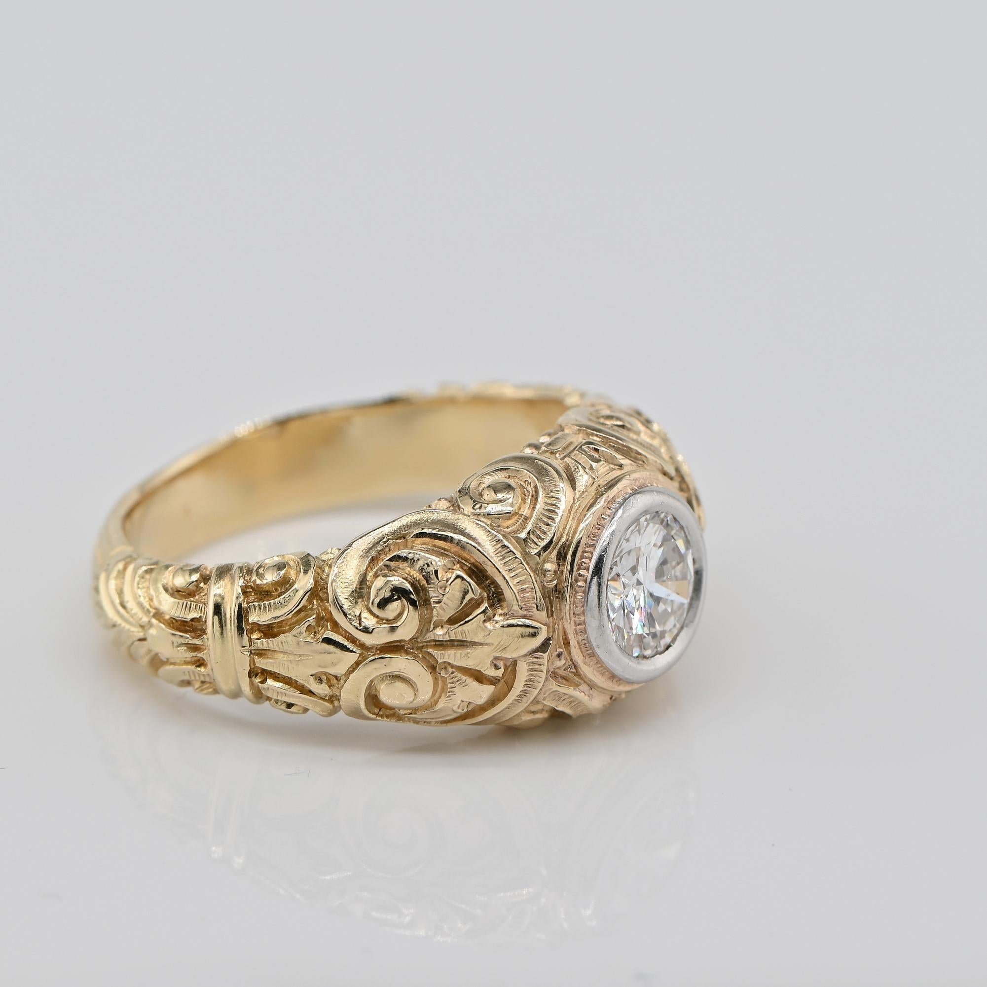 Brilliant Cut Edwardian .75 Ct Diamond Solitaire Deep Carved 18 KT Gold Ring For Sale