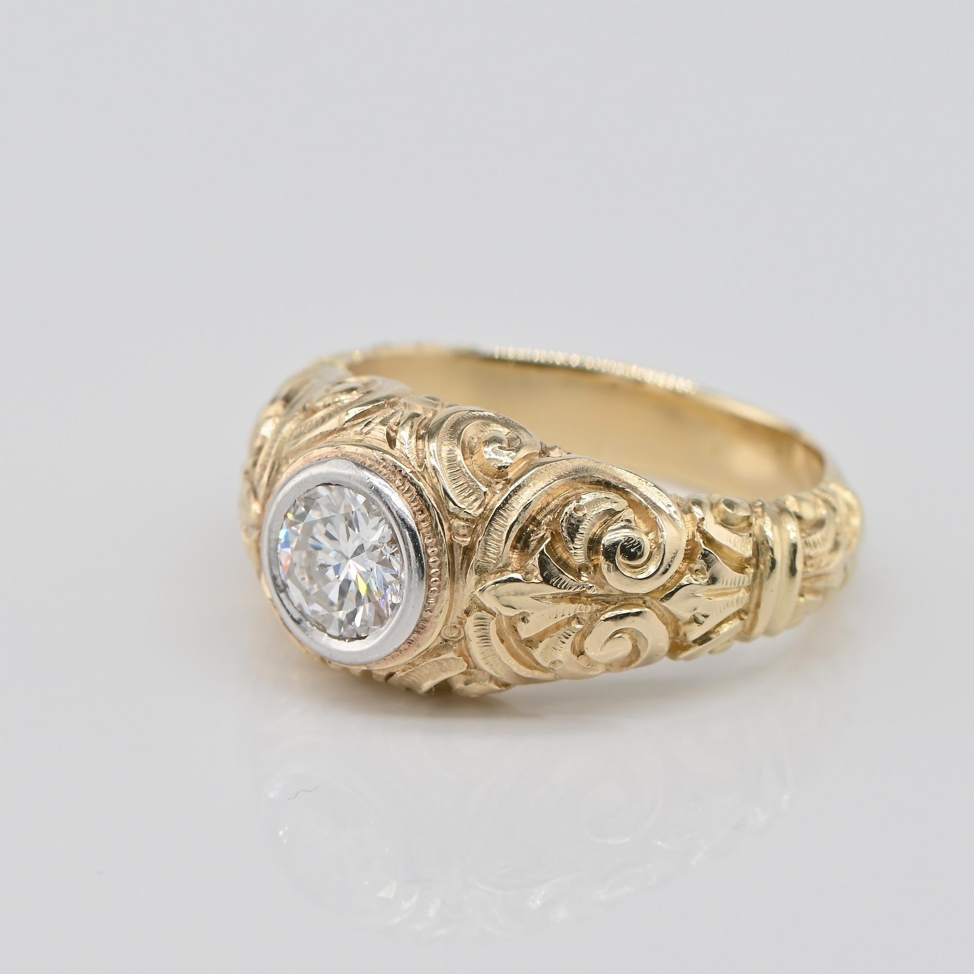 Women's or Men's Edwardian .75 Ct Diamond Solitaire Deep Carved 18 KT Gold Ring For Sale