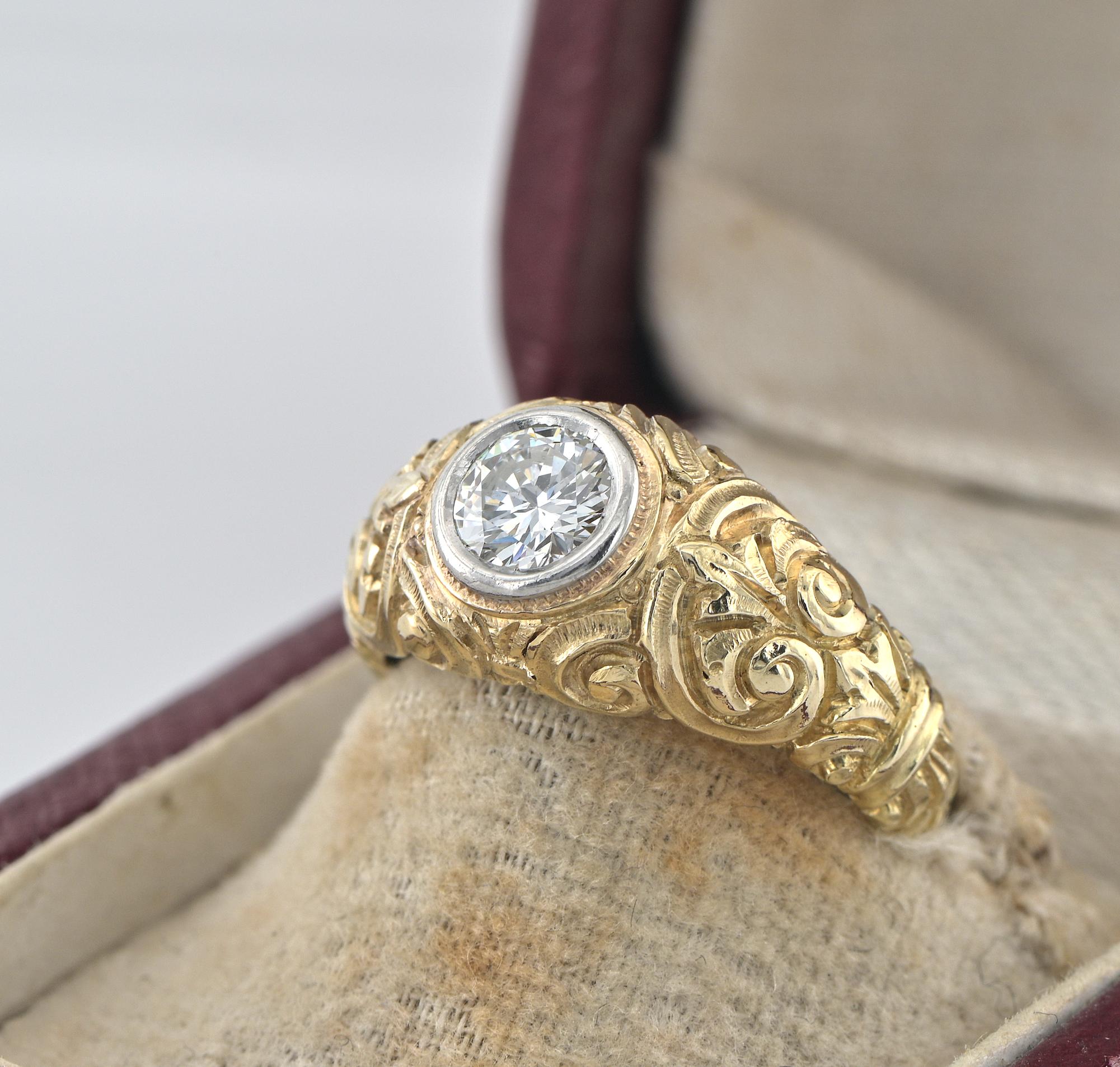 Edwardian .75 Ct Diamond Solitaire Deep Carved 18 KT Gold Ring For Sale 1