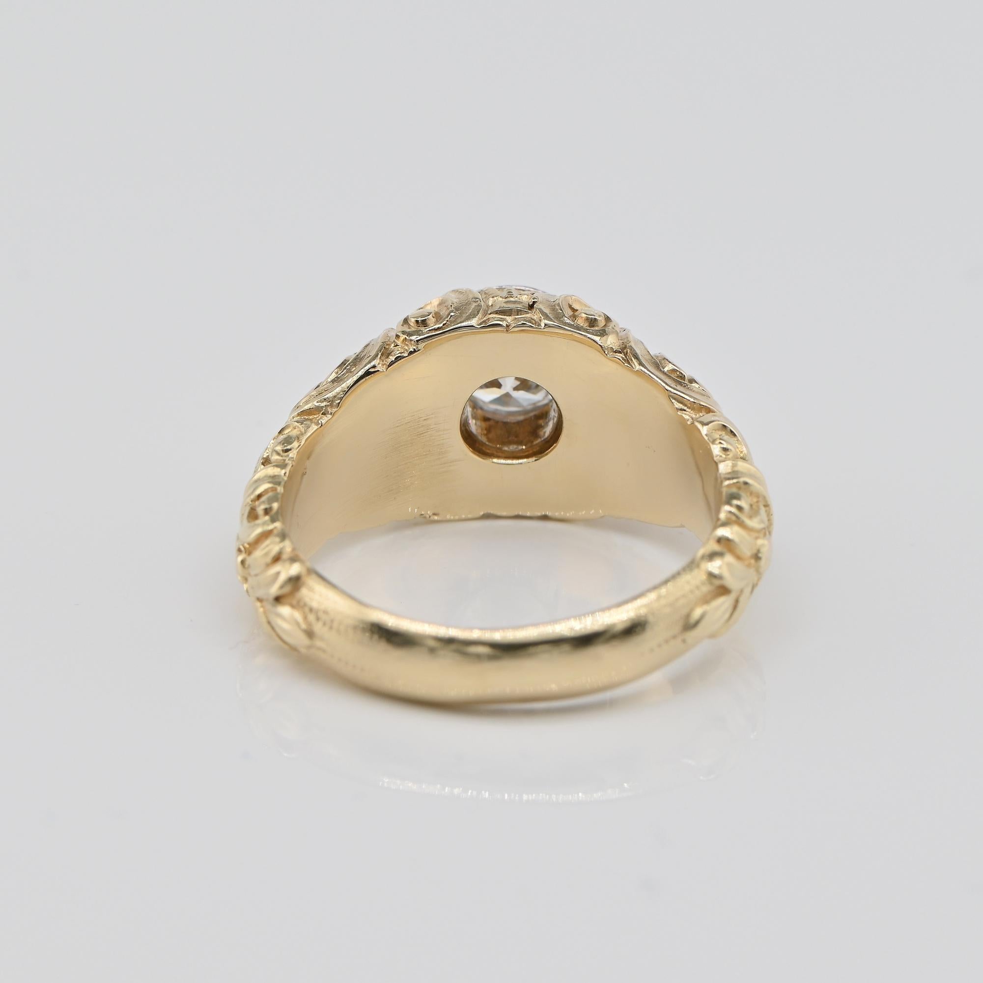 Edwardian .75 Ct Diamond Solitaire Deep Carved 18 KT Gold Ring For Sale 3
