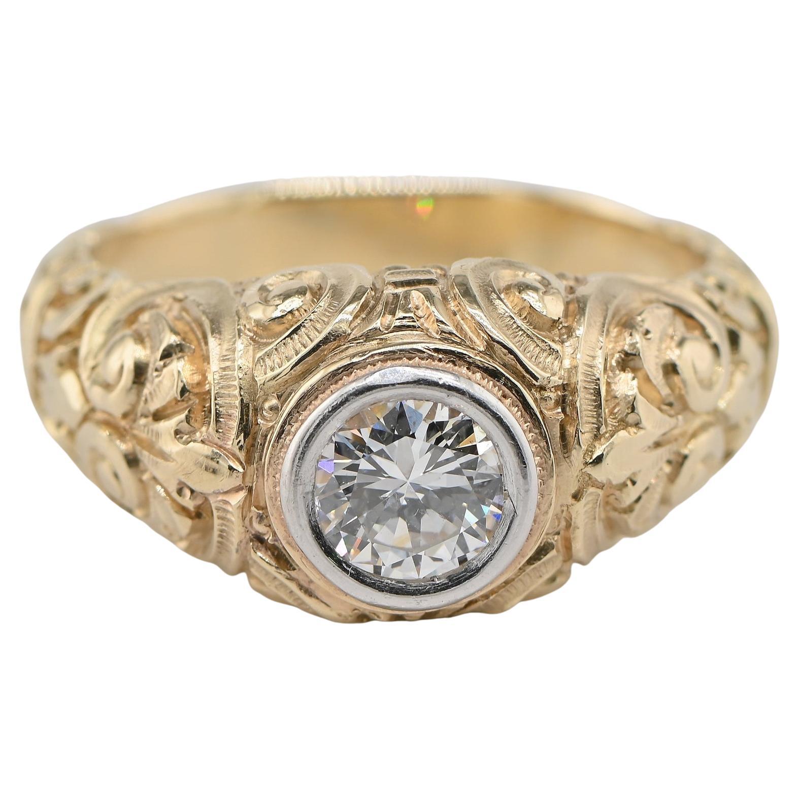 Edwardian .75 Ct Diamond Solitaire Deep Carved 18 KT Gold Ring For Sale