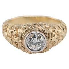 Antique Edwardian .75 Ct Diamond Solitaire Deep Carved 18 KT Gold Ring