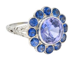 Edwardian 7.78 Ctw No Heat Sapphire Platinum Cluster Ring GIA