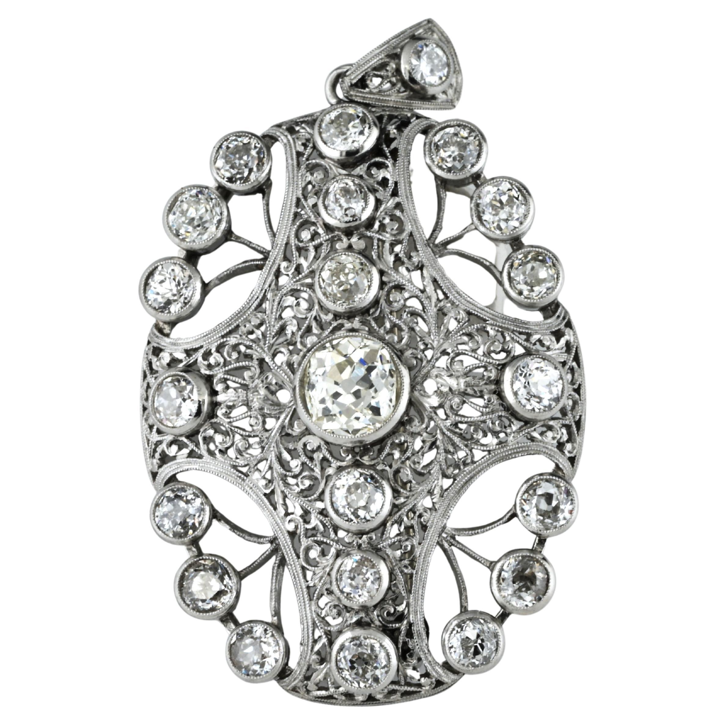Edwardian 8.0 Ct Old Mine Diamond Platinum Brooch Pendant For Sale