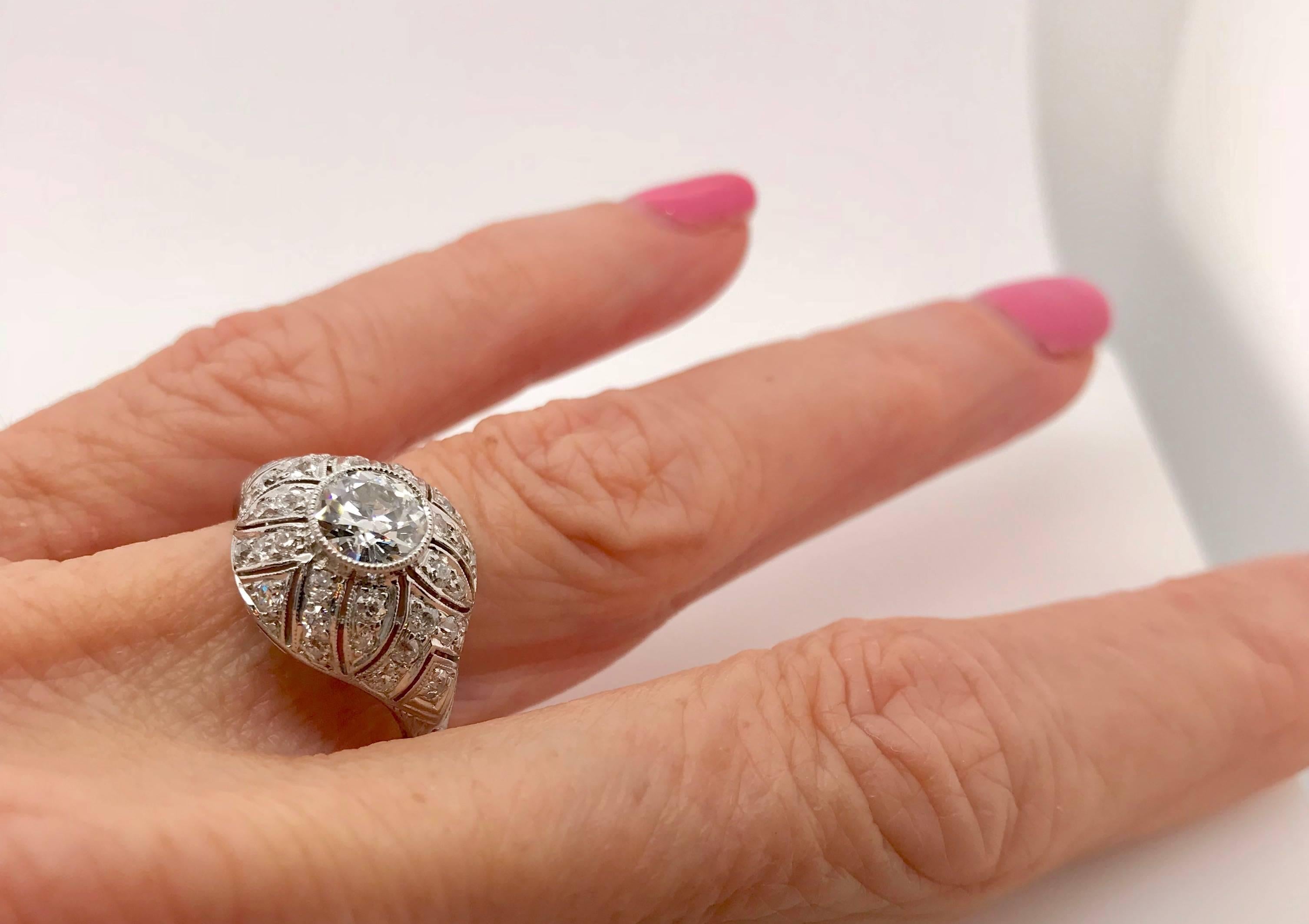 1.49 Carat Diamond Edwardian Filigree Platinum Ring For Sale 7