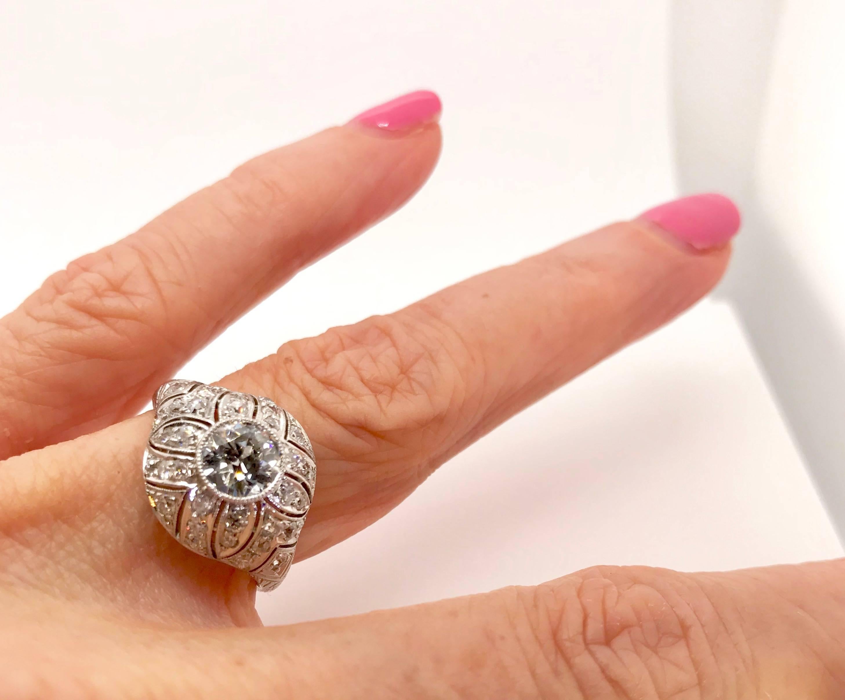 1.49 Carat Diamond Edwardian Filigree Platinum Ring For Sale 8