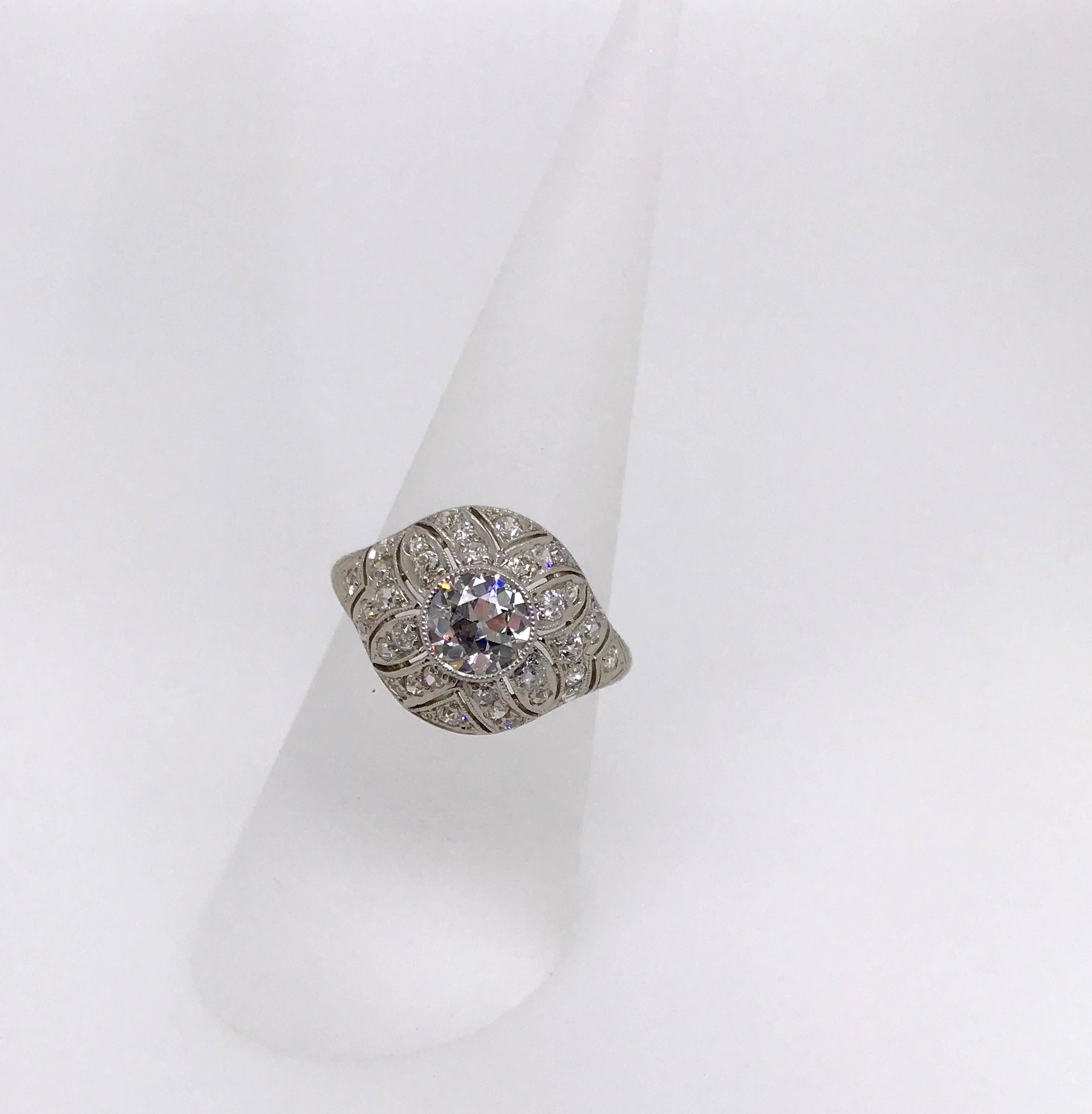 1.49 Carat Diamond Edwardian Filigree Platinum Ring For Sale 3