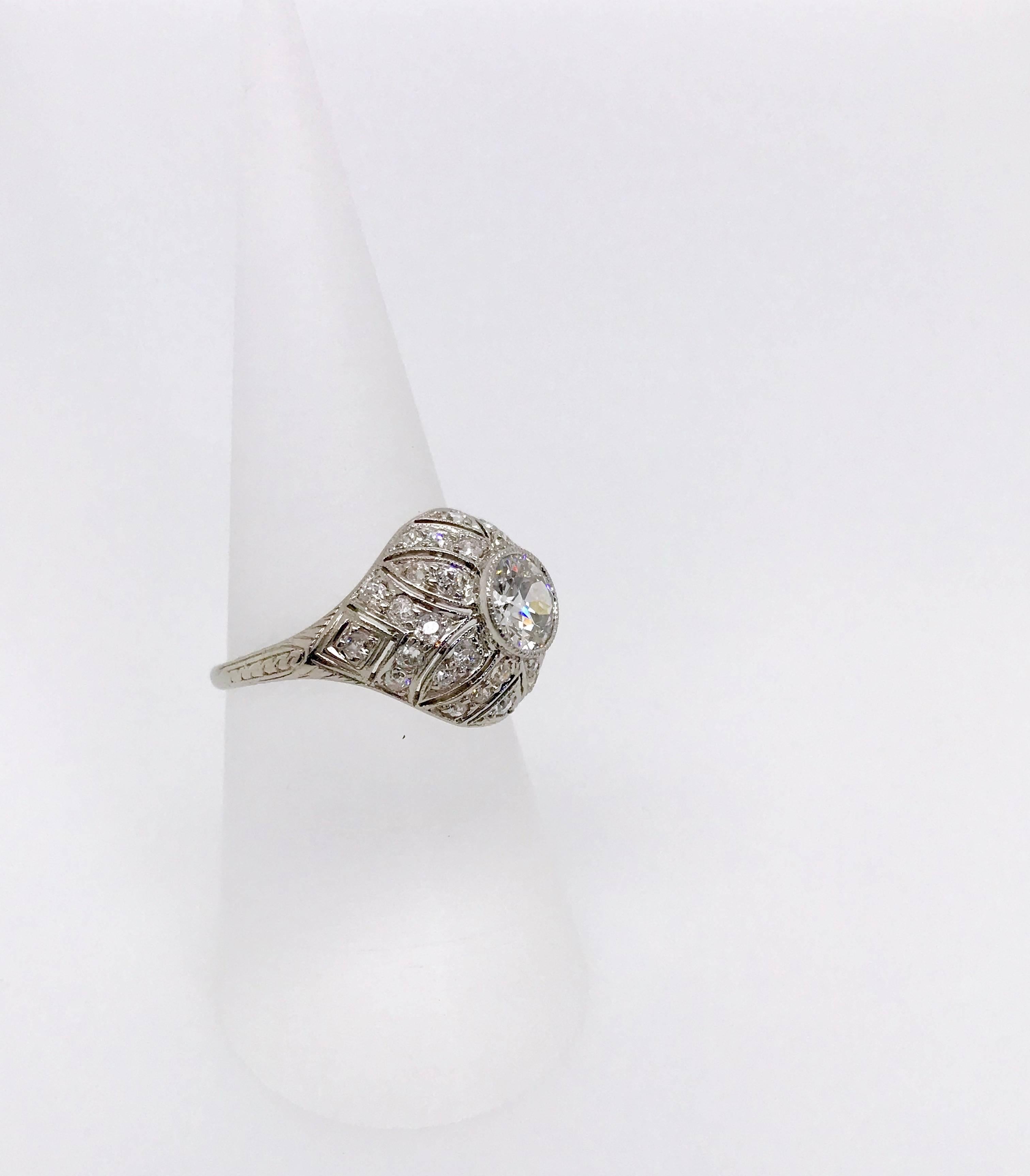 1.49 Carat Diamond Edwardian Filigree Platinum Ring For Sale 4