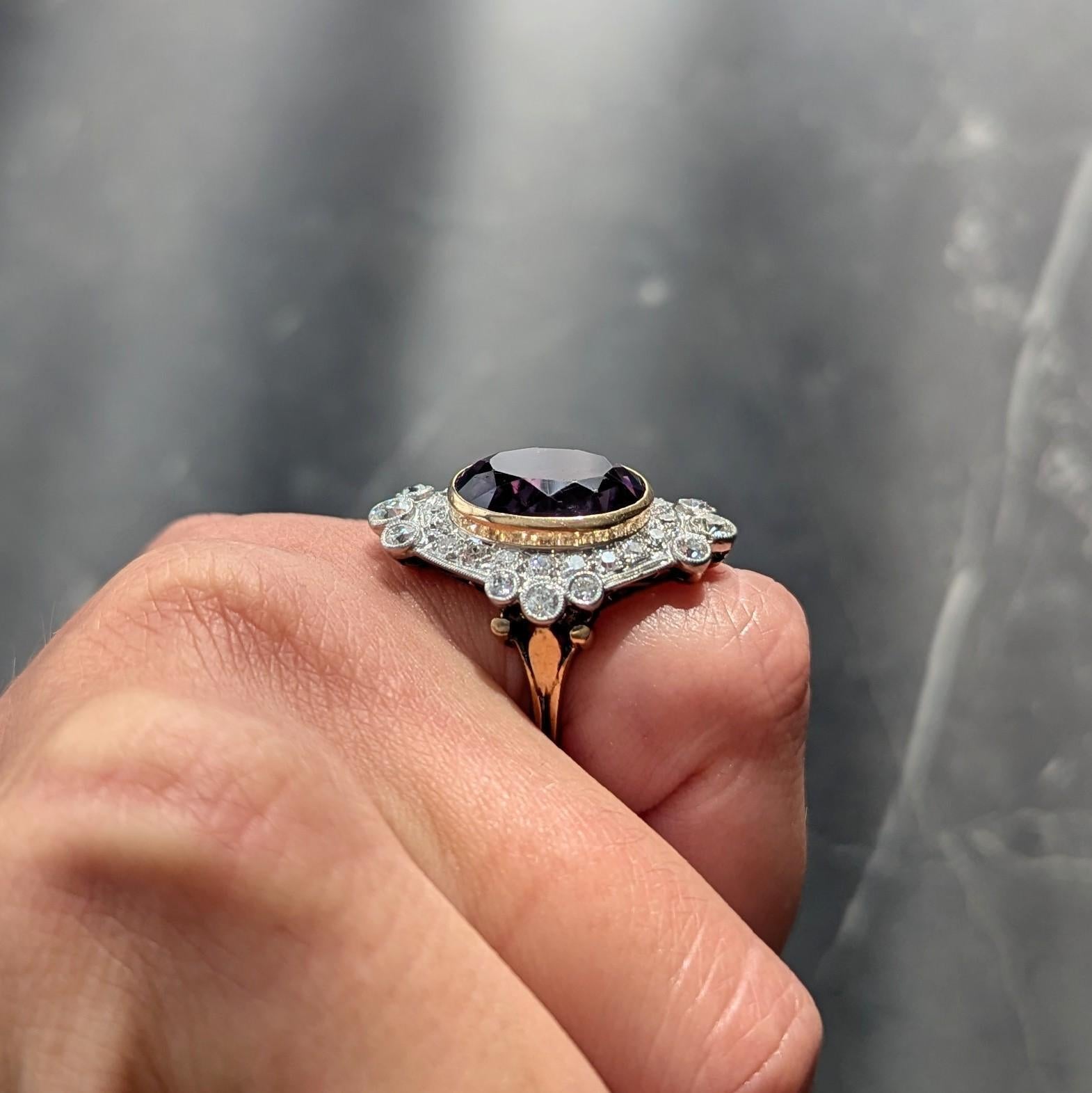Edwardian 8.15 CTW Amethyst Diamond Platinum 14K Gold Antique Fleur-De-Lis Ring For Sale 5