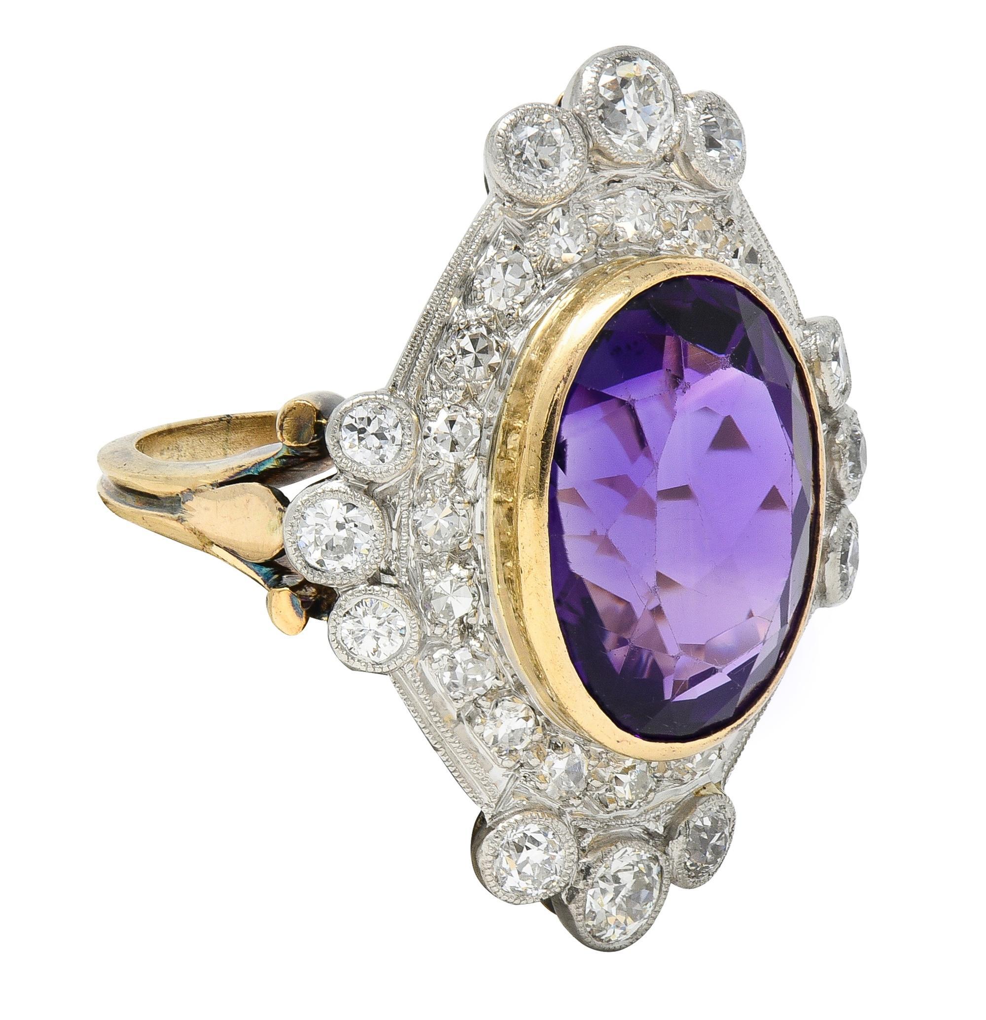 Oval Cut Edwardian 8.15 CTW Amethyst Diamond Platinum 14K Gold Antique Fleur-De-Lis Ring For Sale