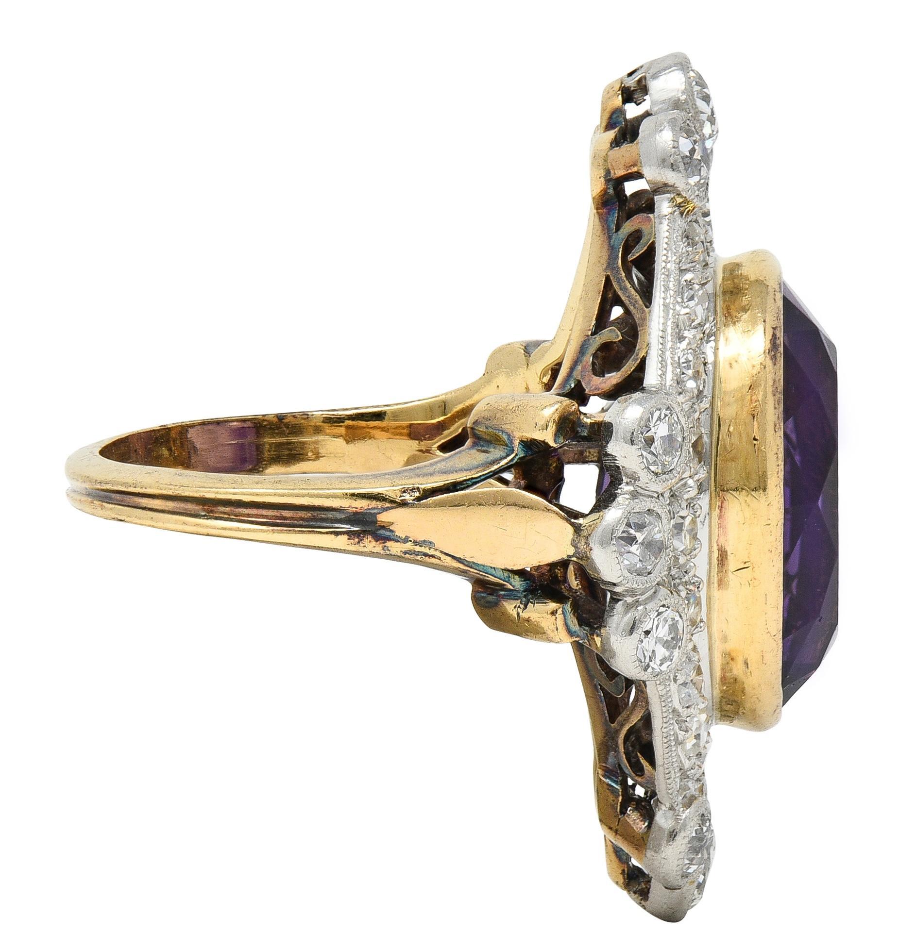 Edwardian 8.15 CTW Amethyst Diamond Platinum 14K Gold Antique Fleur-De-Lis Ring In Excellent Condition For Sale In Philadelphia, PA