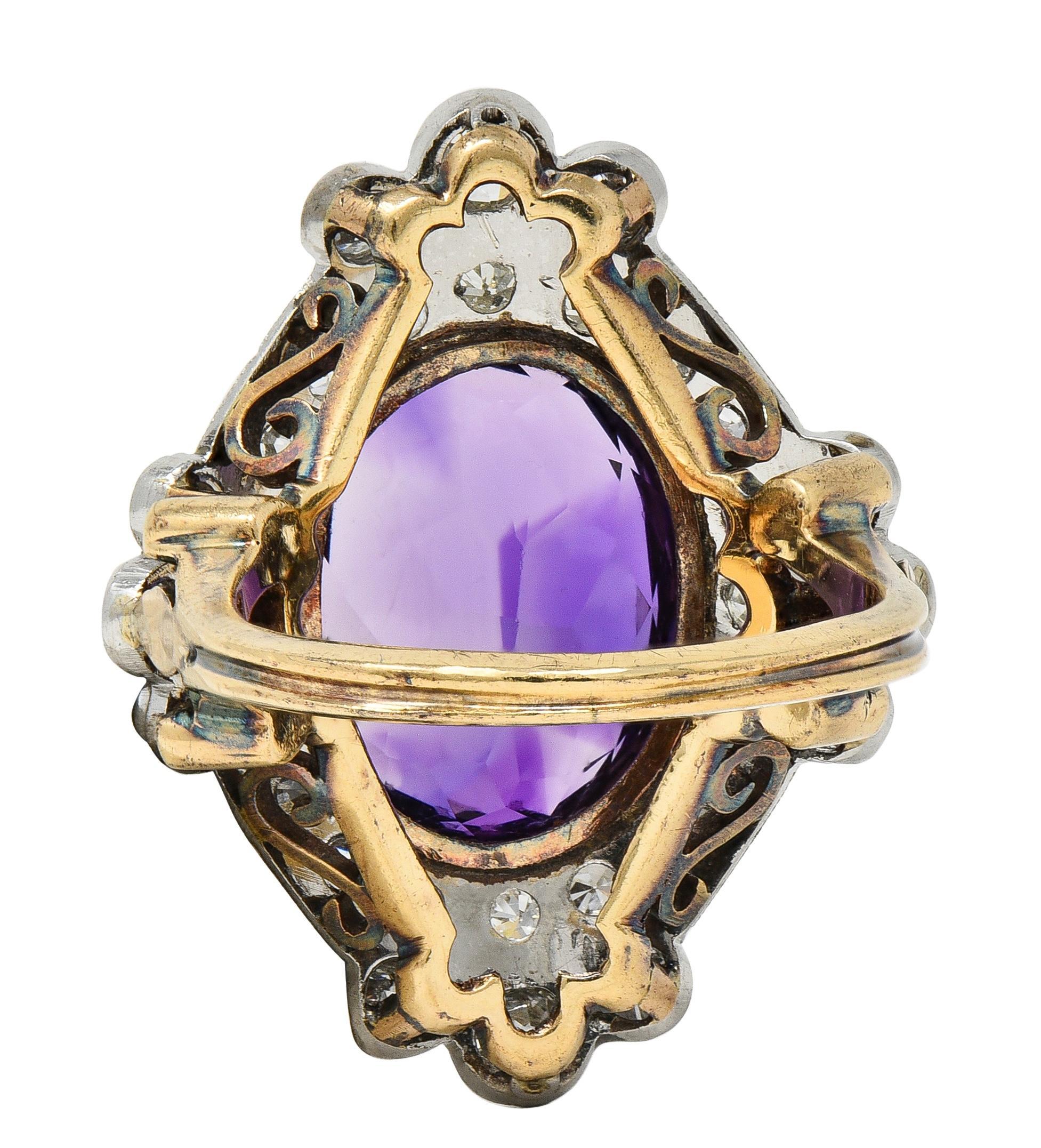 Women's Edwardian 8.15 CTW Amethyst Diamond Platinum 14K Gold Antique Fleur-De-Lis Ring For Sale