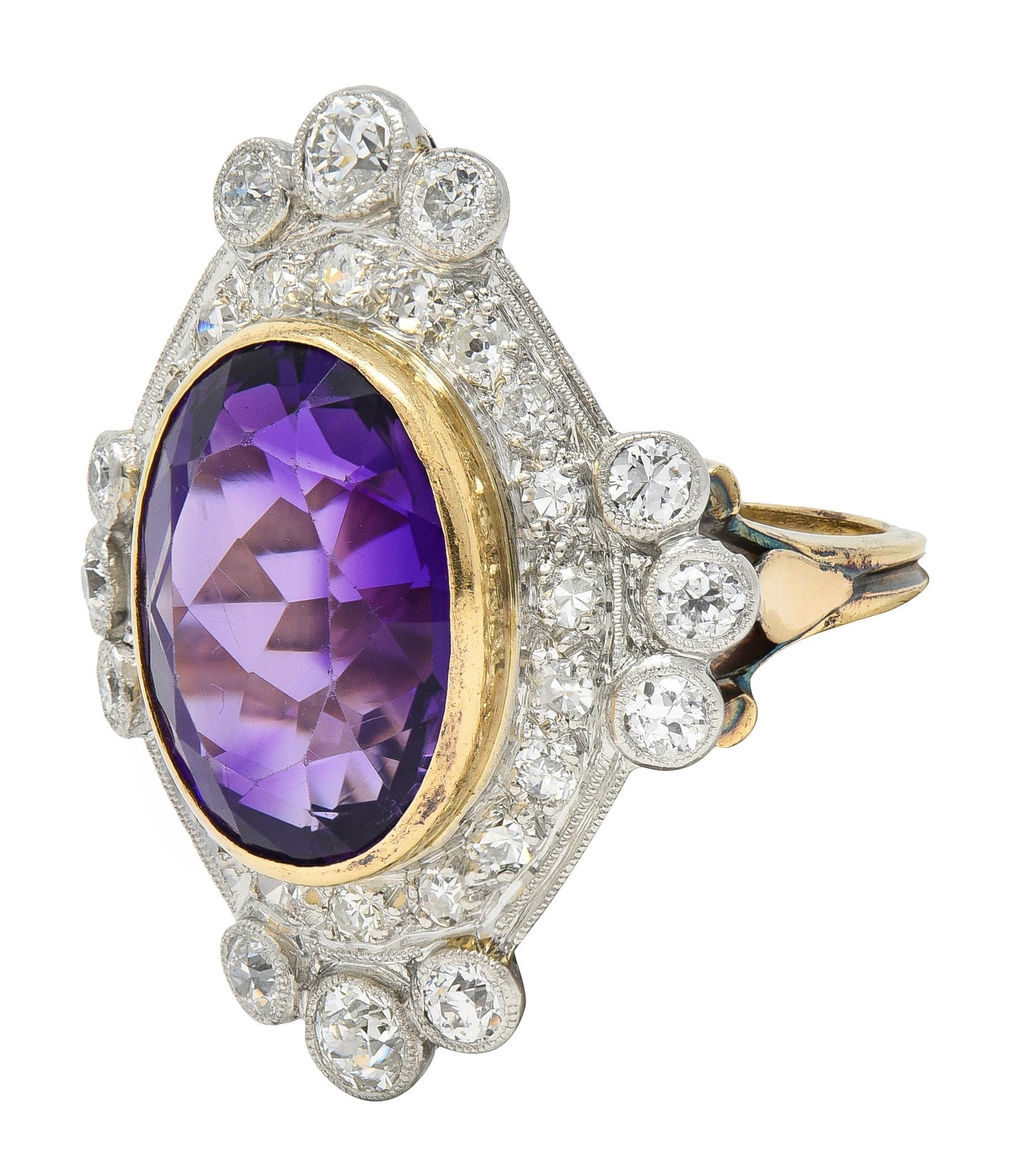 Edwardian 8.15 CTW Amethyst Diamond Platinum 14K Gold Antique Fleur-De-Lis Ring For Sale 1