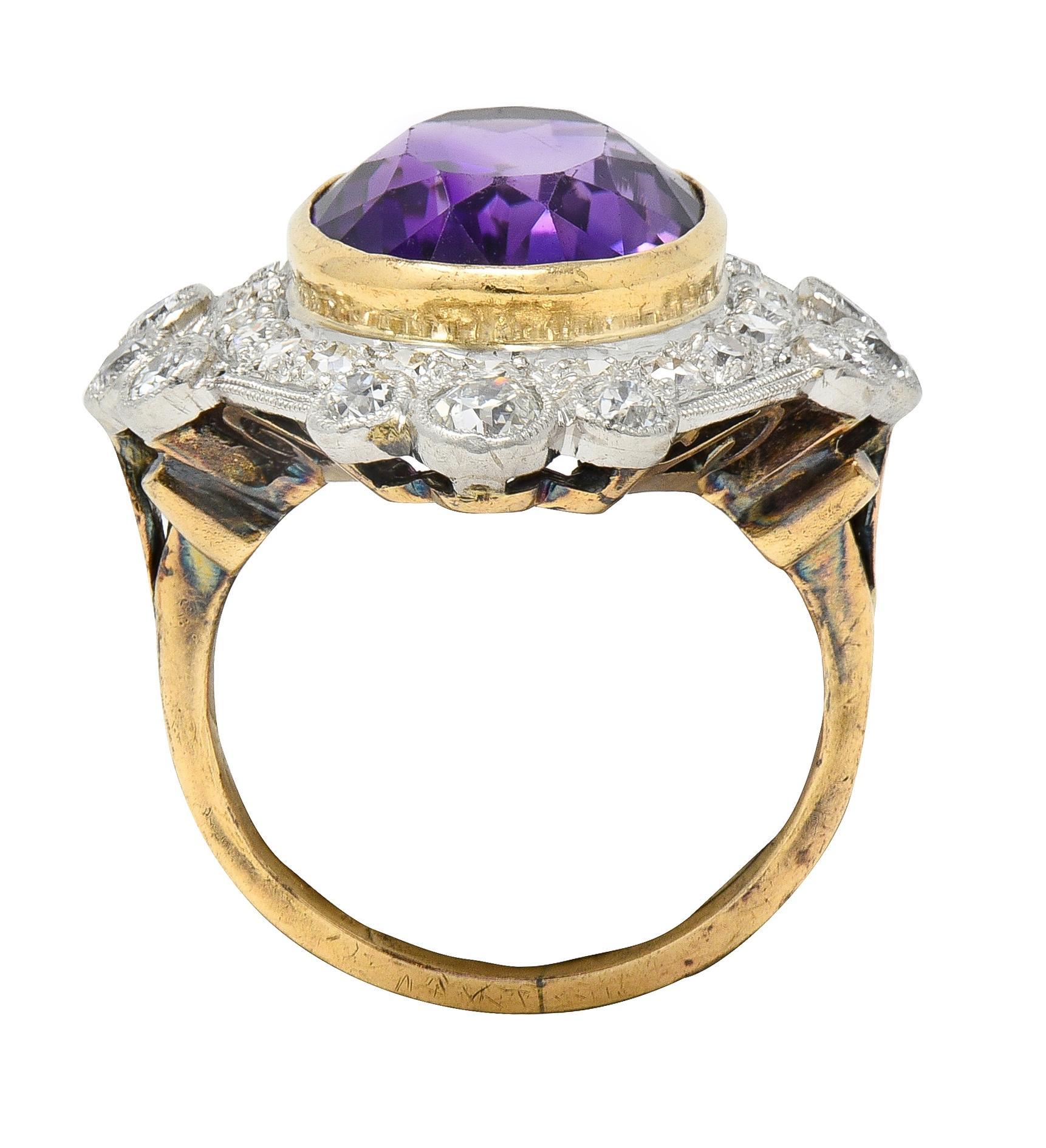 Edwardian 8.15 CTW Amethyst Diamond Platinum 14K Gold Antique Fleur-De-Lis Ring For Sale 2