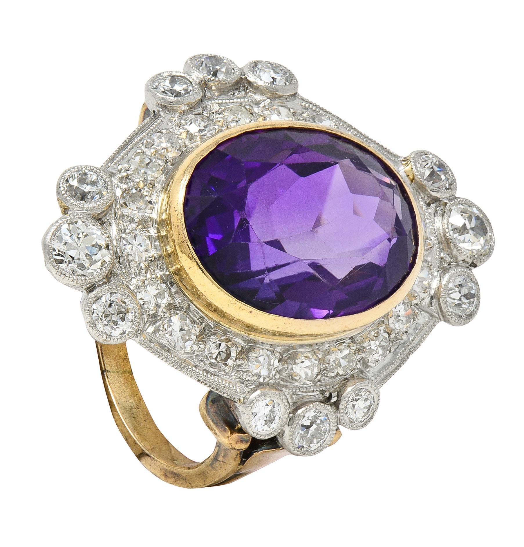 Edwardian 8.15 CTW Amethyst Diamond Platinum 14K Gold Antique Fleur-De-Lis Ring For Sale 3