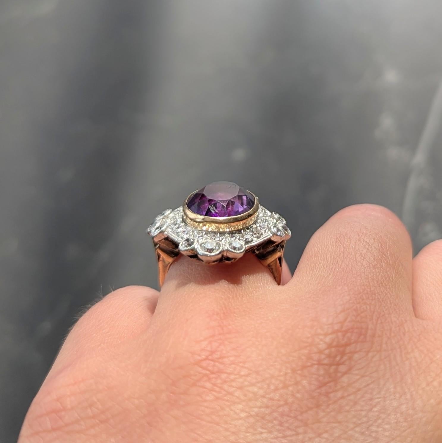 Edwardian 8.15 CTW Amethyst Diamond Platinum 14K Gold Antique Fleur-De-Lis Ring For Sale 4