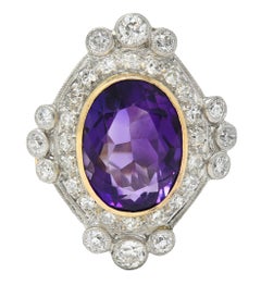 Edwardian 8.15 CTW Amethyst Diamond Platinum 14K Gold Antique Fleur-De-Lis Ring