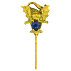 Antique Edwardian .82 Carat Sapphire 18 Karat Green Gold Sea Serpent Dragon Stickpin