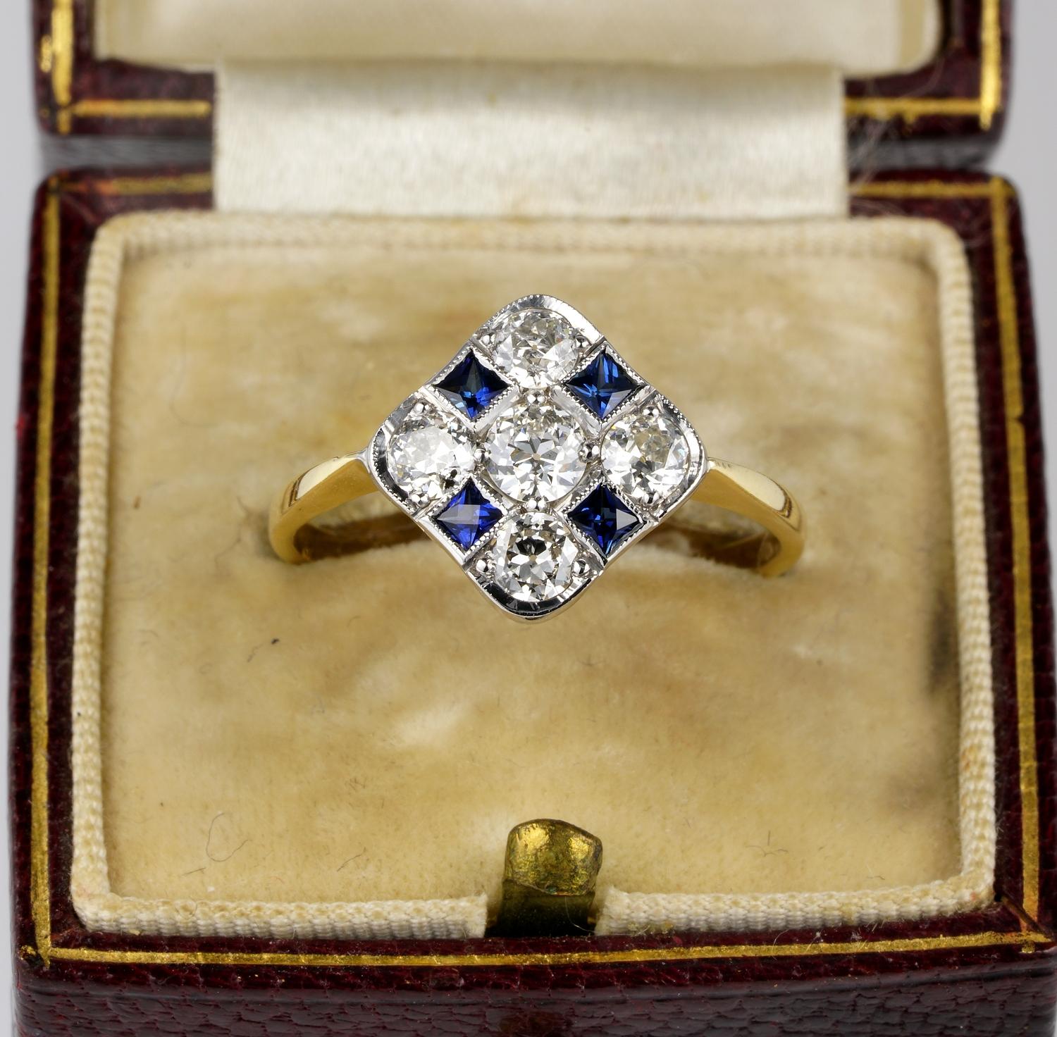 This charming antique ring is Edwardian period
Individually hand crafted of solid 18 Kt gold topped by Platinum, marked
Designed to be elegant and timeless, with a flat head enriched with dazzling Diamonds alternated by a strong Royal Blue Sapphires