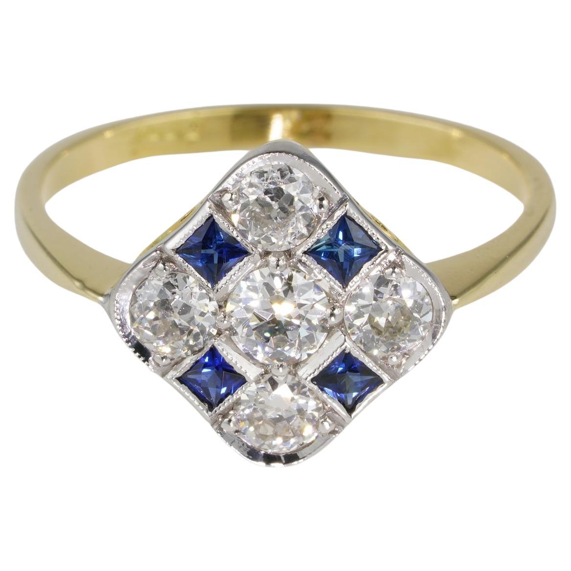 Anillo eduardiano de platino de 18 KT con diamante de 0,85 qt y zafiro de 0,35 qt