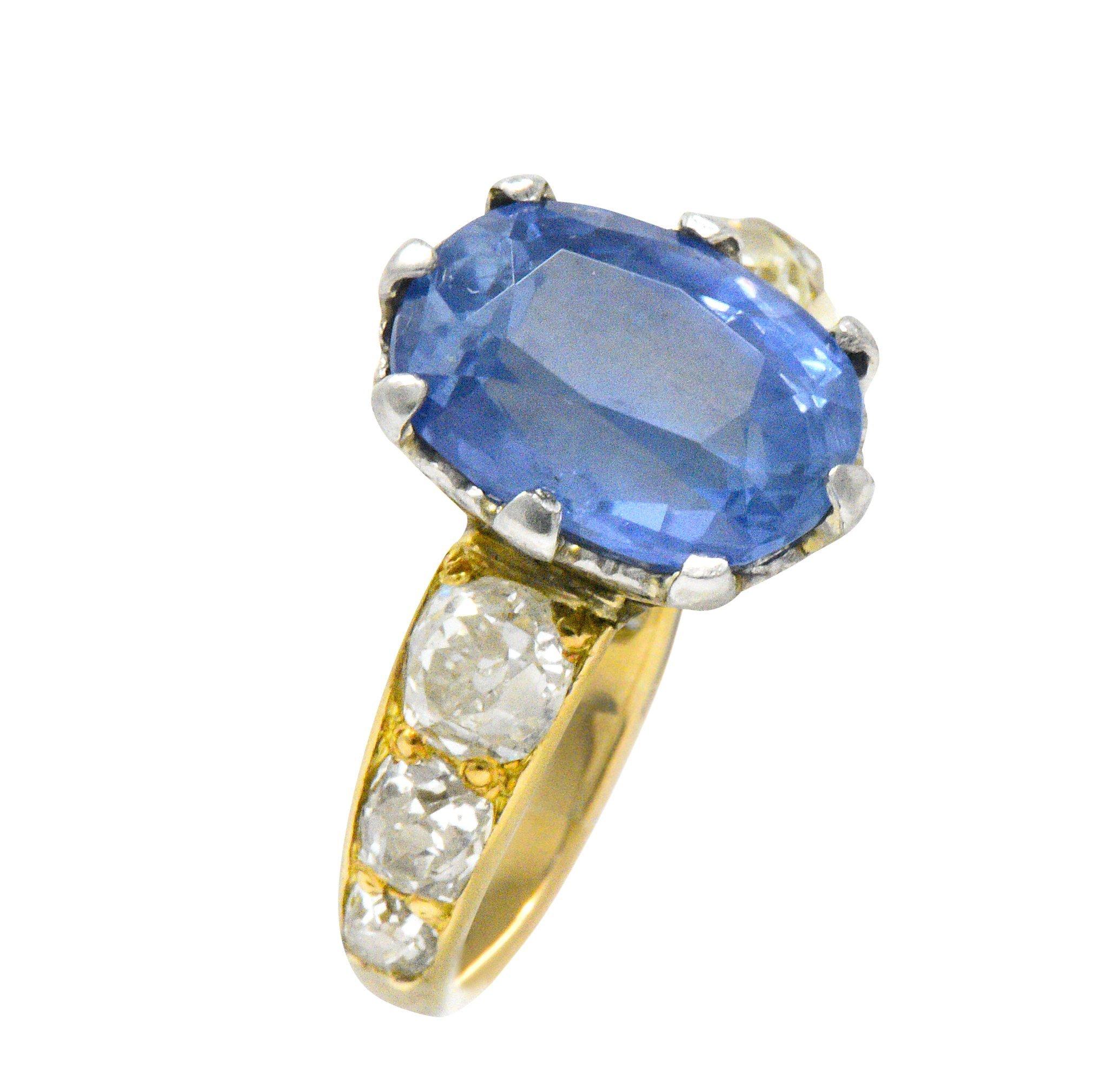 Edwardian 8.66 Carat Cornflower Ceylon Sapphire Diamond Platinum 18k Gold Ring In Excellent Condition In Philadelphia, PA