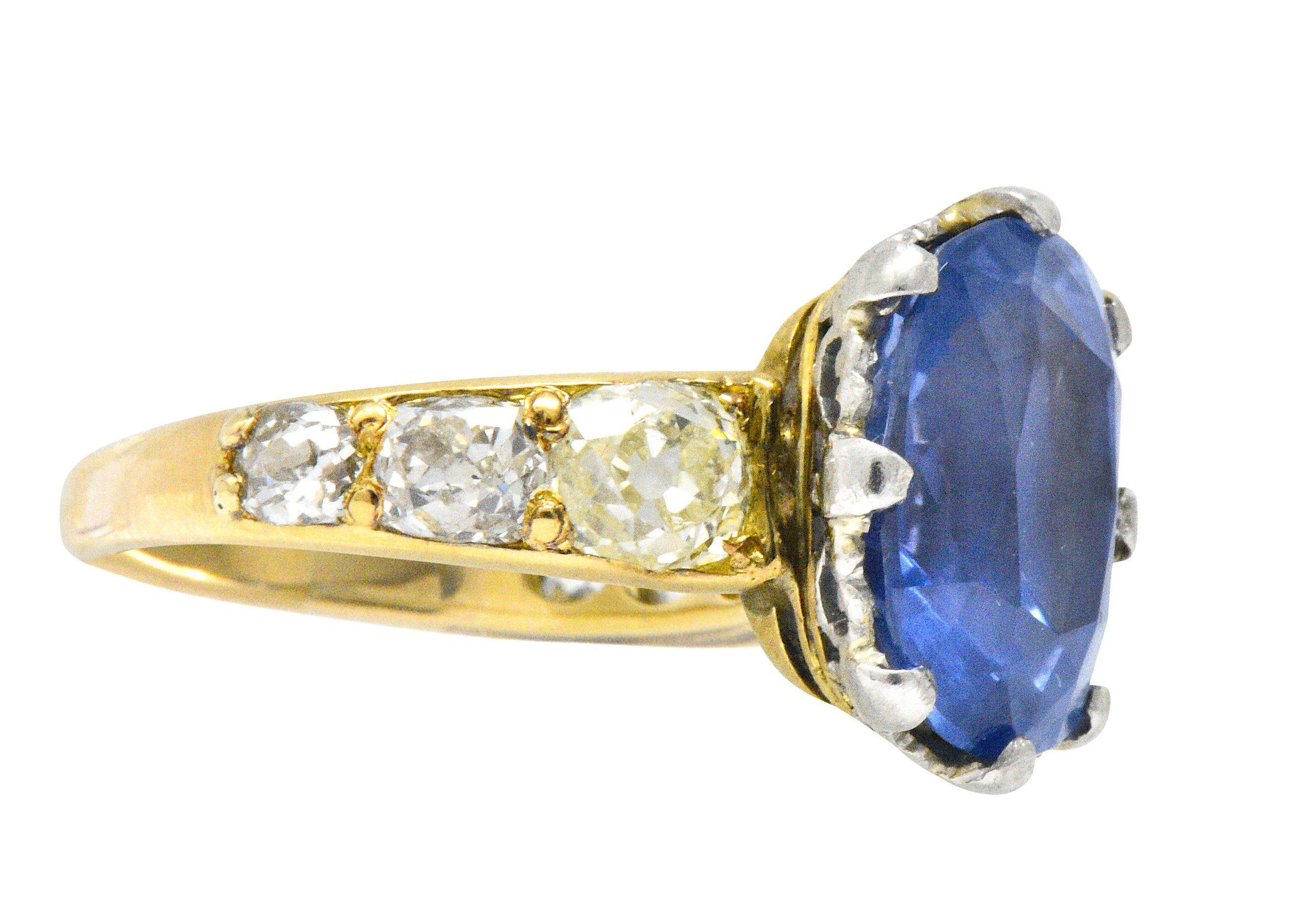 Women's or Men's Edwardian 8.66 Carat Cornflower Ceylon Sapphire Diamond Platinum 18k Gold Ring