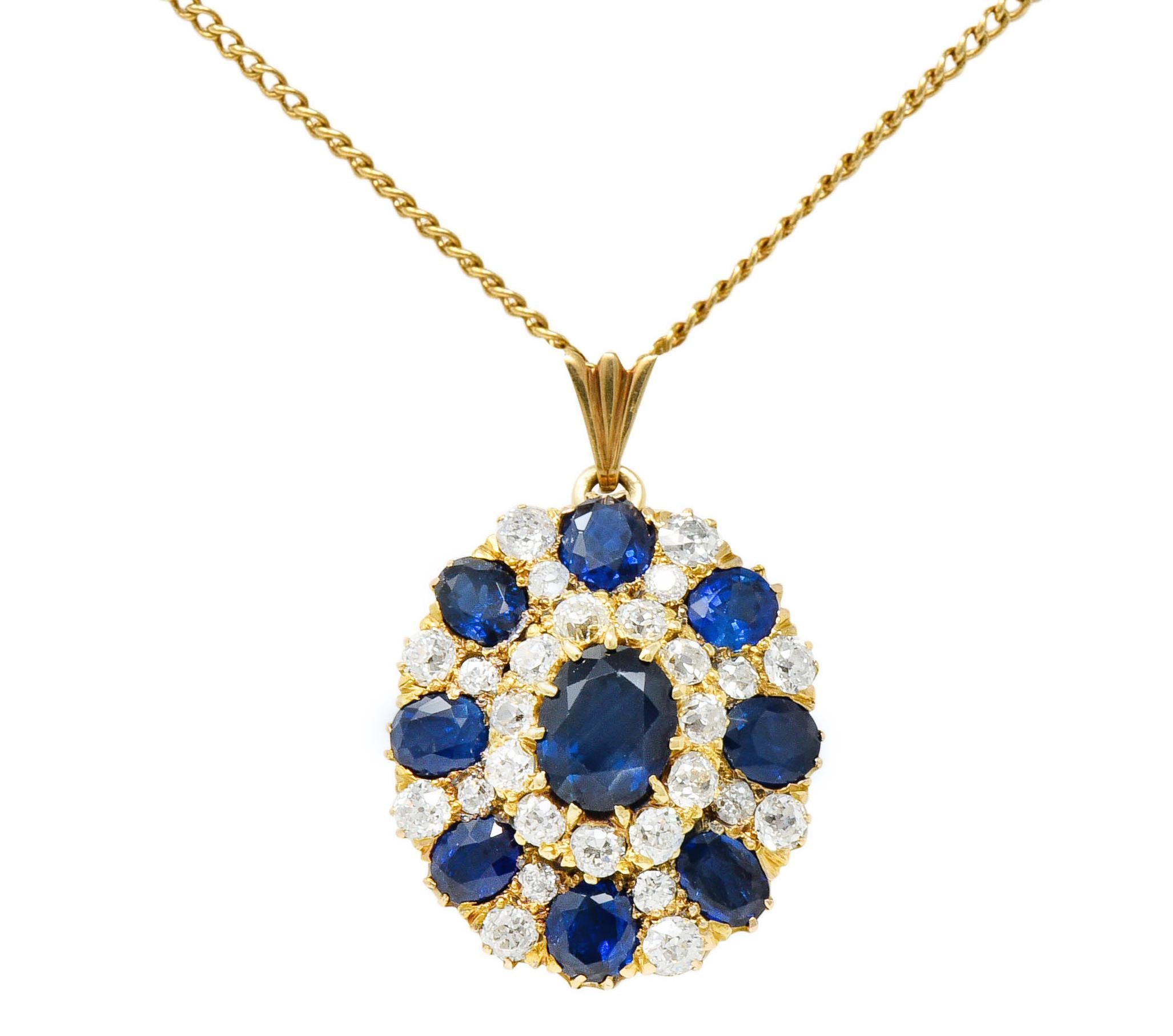 Edwardian 8.80 Carats Sapphire Diamond 14 Karat Gold Cluster Pendant Necklace 3