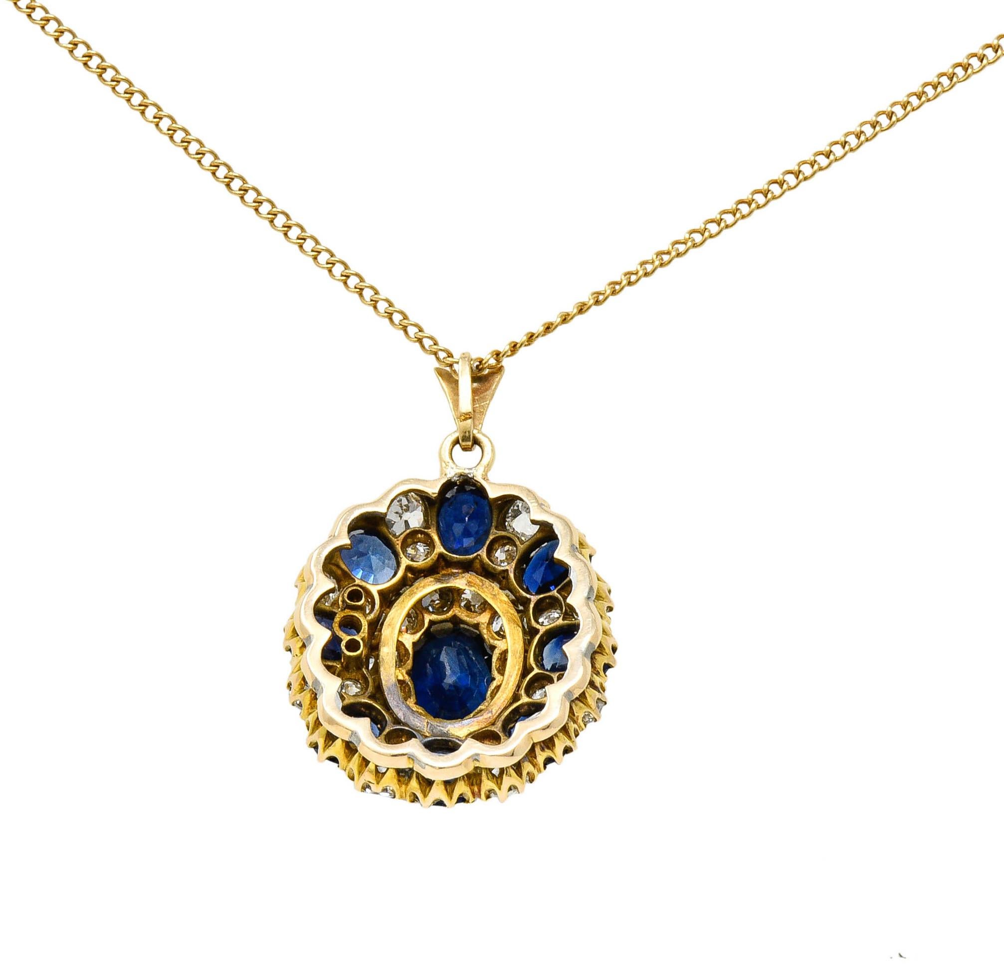 Edwardian 8.80 Carats Sapphire Diamond 14 Karat Gold Cluster Pendant Necklace In Excellent Condition In Philadelphia, PA