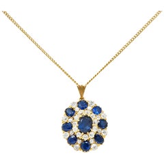 14 Karat Gold Cluster-Anhänger-Halskette im viktorianischen Stil, 8,80 Karat Saphir Diamant
