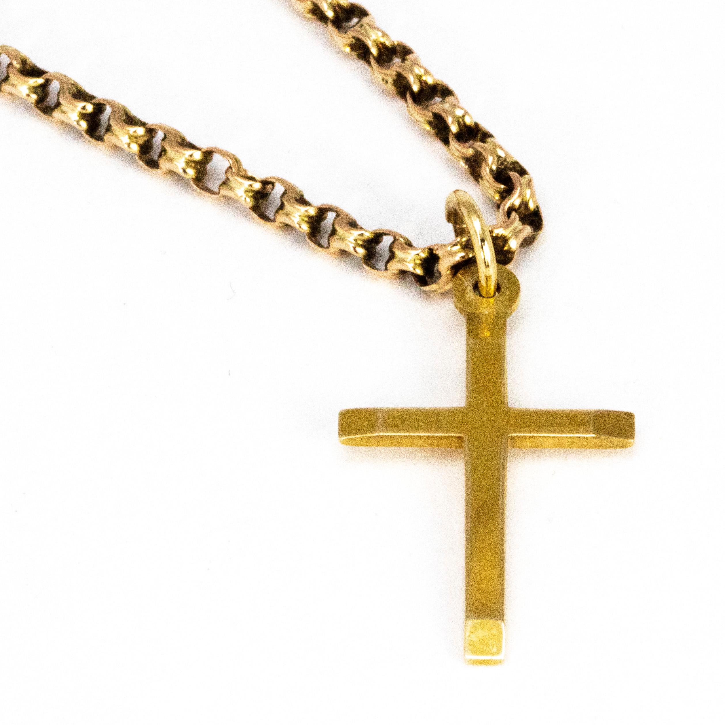This 9ct gold belcher chain is fastened using a barrel clasp and the pendant which is fixed to it is a stylish cross. 

Length: 40cm
Cross Height: 25mm 

Weight: 7.2g