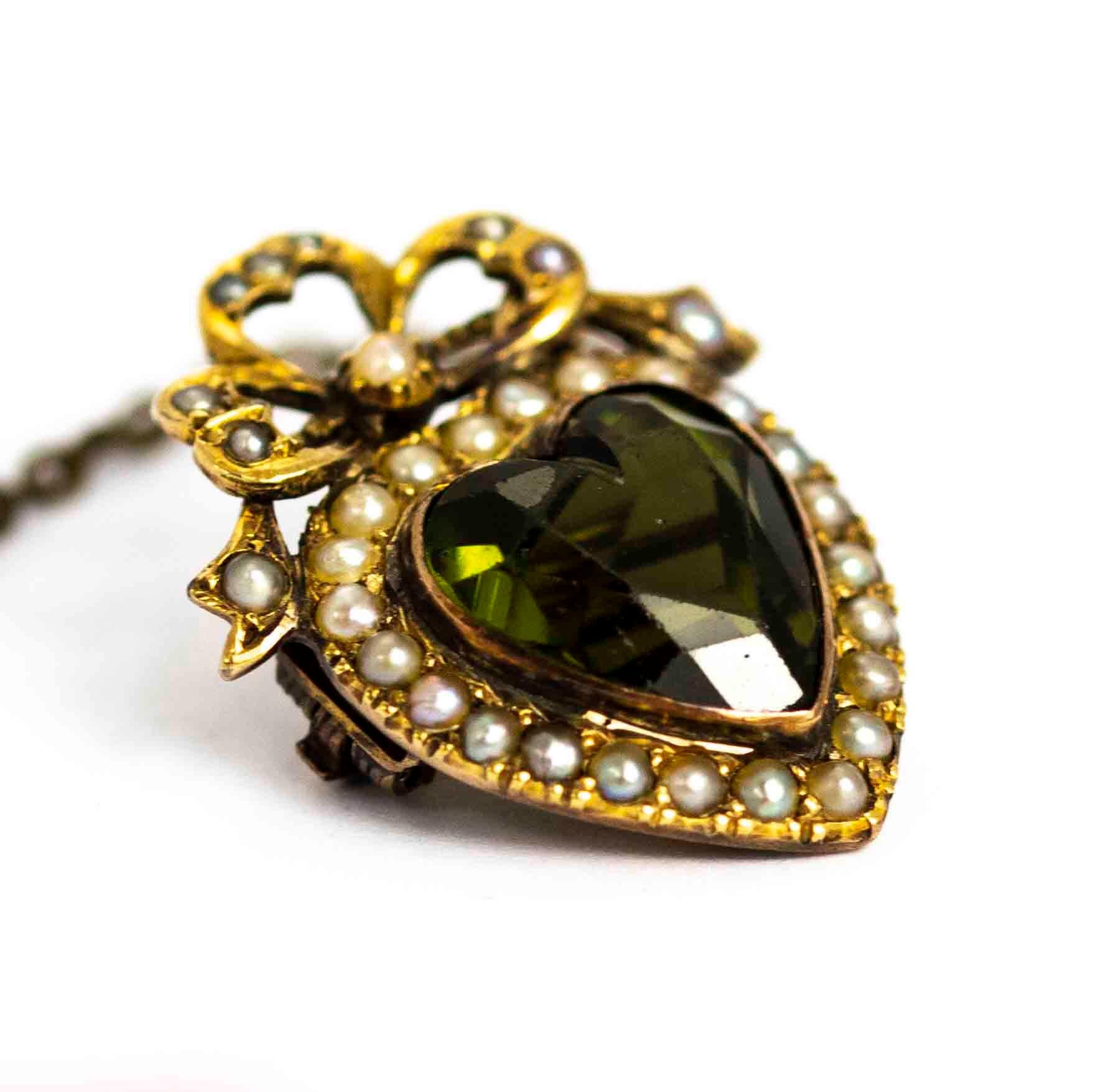 Round Cut Edwardian 9 Carat Gold Green Paste and Pearl Heart Brooch For Sale