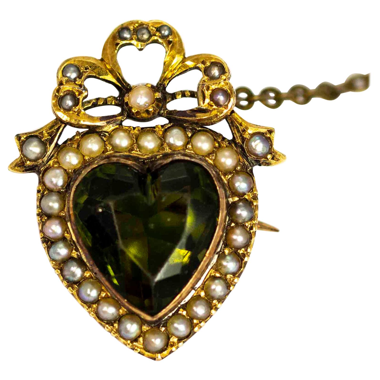 Edwardian 9 Carat Gold Green Paste and Pearl Heart Brooch