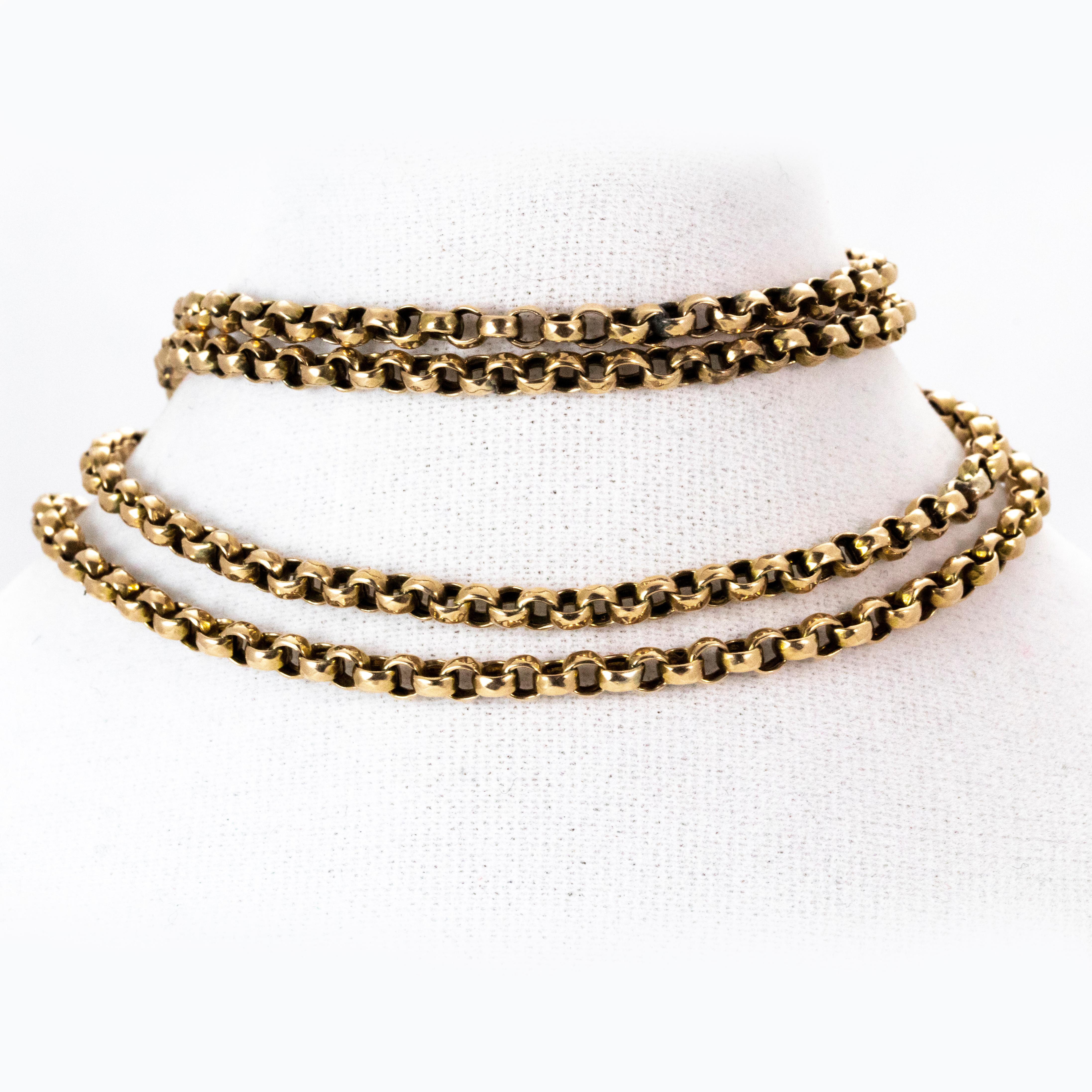 This amazing long guard chain is from the Edwardian era circa 1901. Modelled in 9 karat yellow gold, this chains impressive length of 26.5 inches make it extremely wearable.