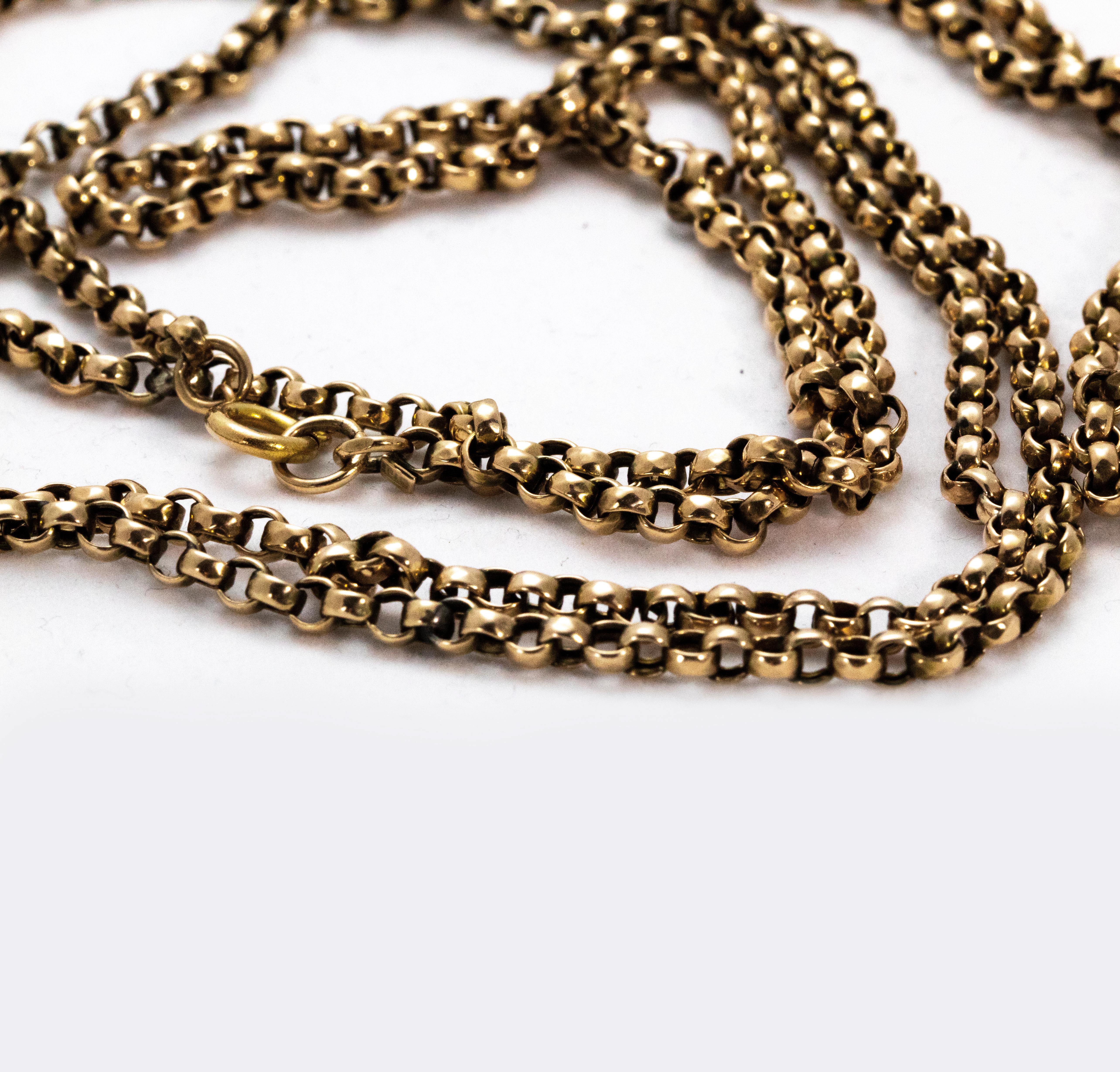Edwardian 9 Carat Gold Long Guard Chain In Good Condition In Chipping Campden, GB