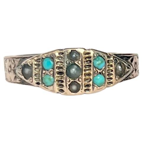 Edwardian 9 Carat Gold Turquoise and Pearl Panel Ring For Sale