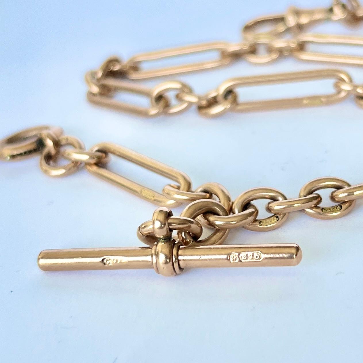 Edwardian 9 Carat Rose Gold Albert or Necklace Chain with T-Bar In Good Condition In Chipping Campden, GB