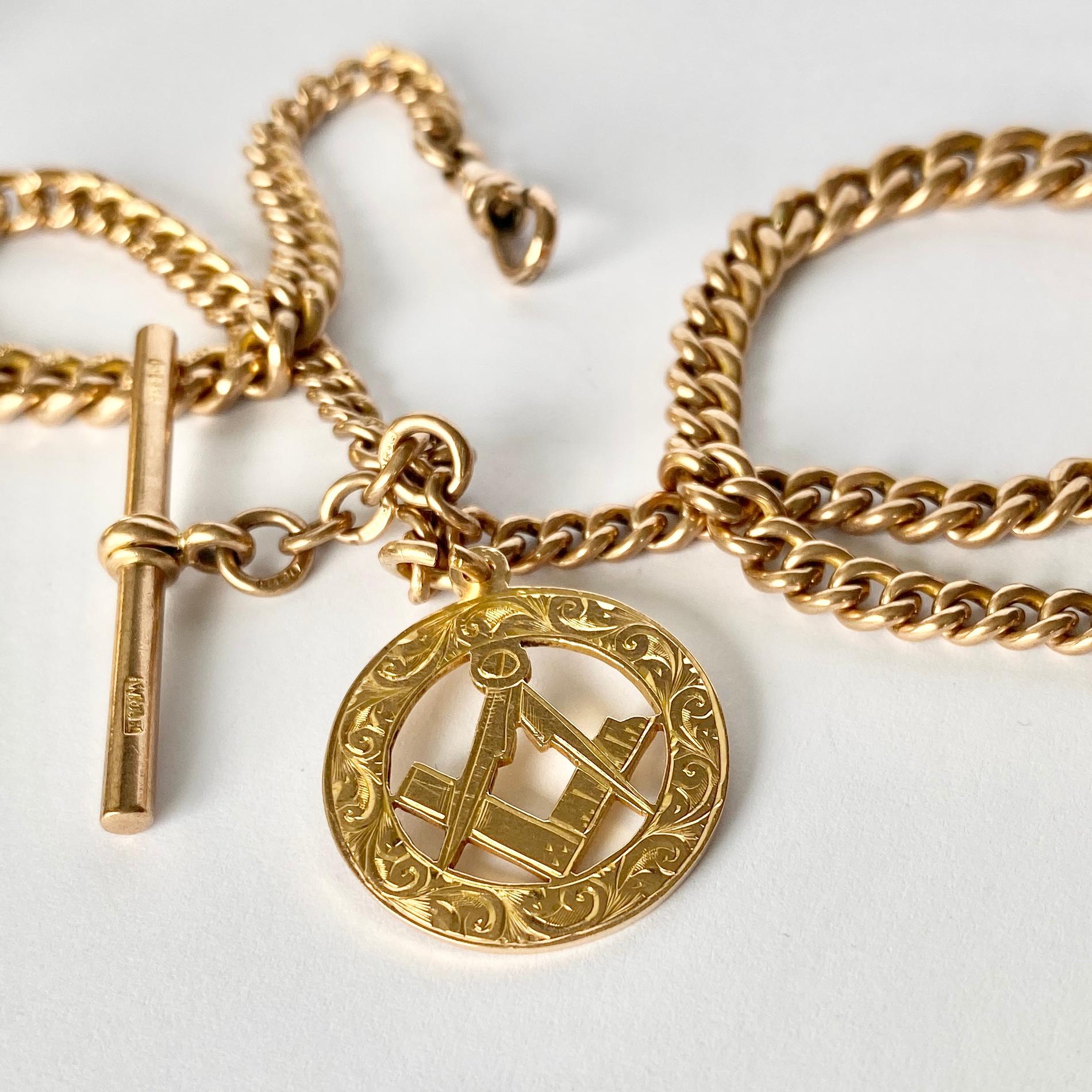 This 9carat gold albert chain is the perfect addition to any gents wardrobe or can be worn as a necklace and has a dog clip on both ends. The chain also holds a masonic pendant and a t-bar.

Length: 39cm
Link Width: 4-6mm

Weight: 41.4g 
