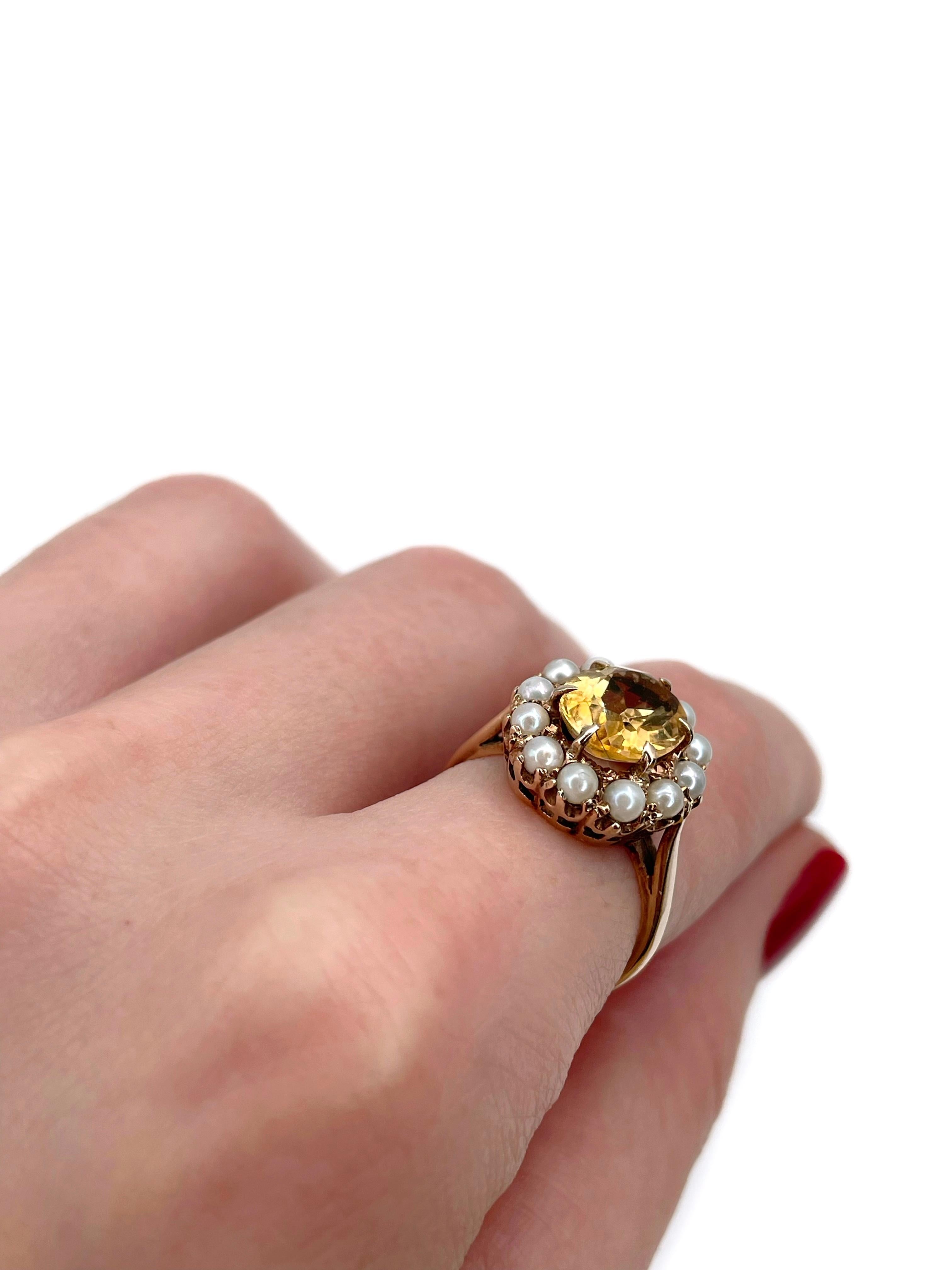 Anello edoardiano a grappolo di perle citrine in oro 9 carati In condizioni buone in vendita a Vilnius, Vilniaus apskr.