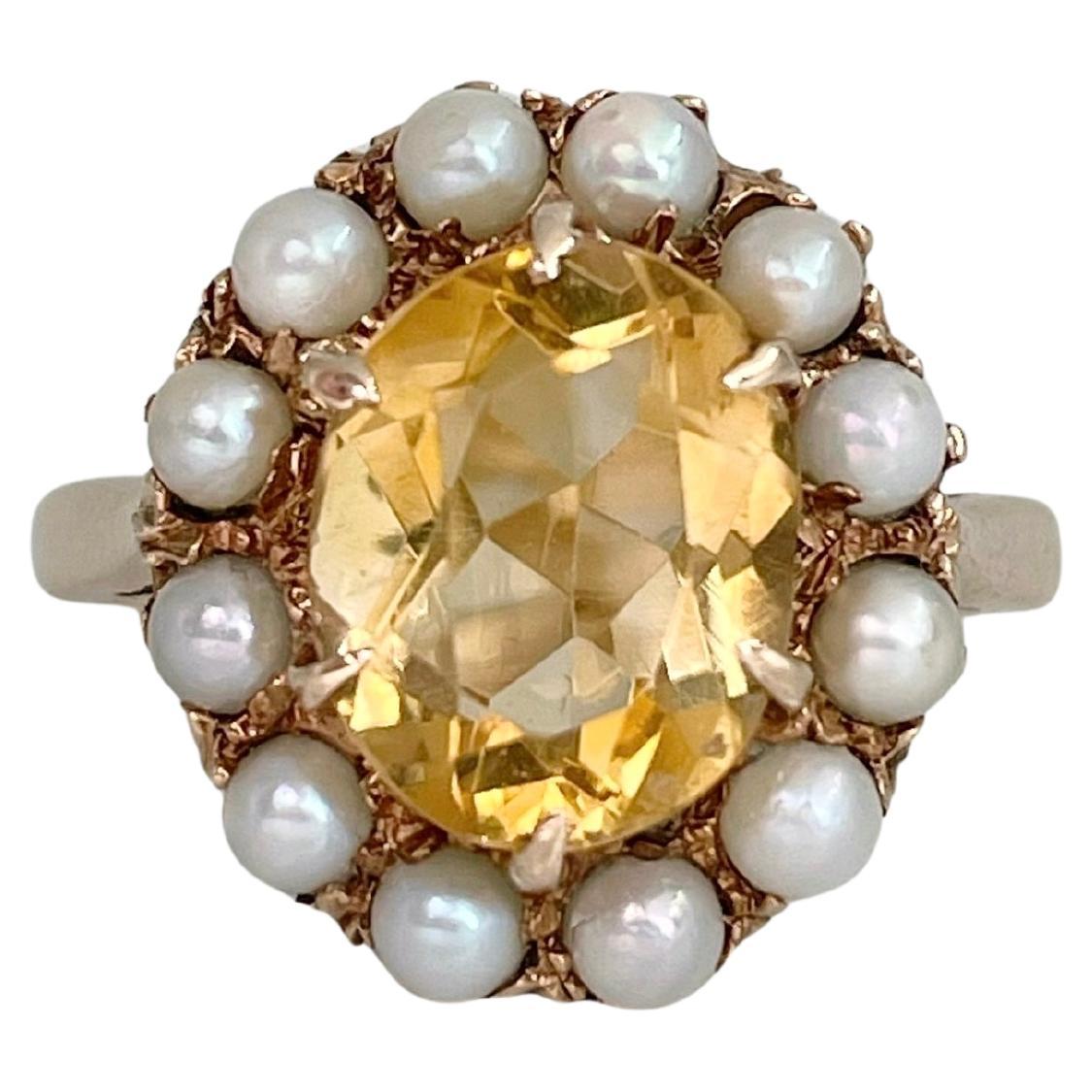 Anello edoardiano a grappolo di perle citrine in oro 9 carati in vendita