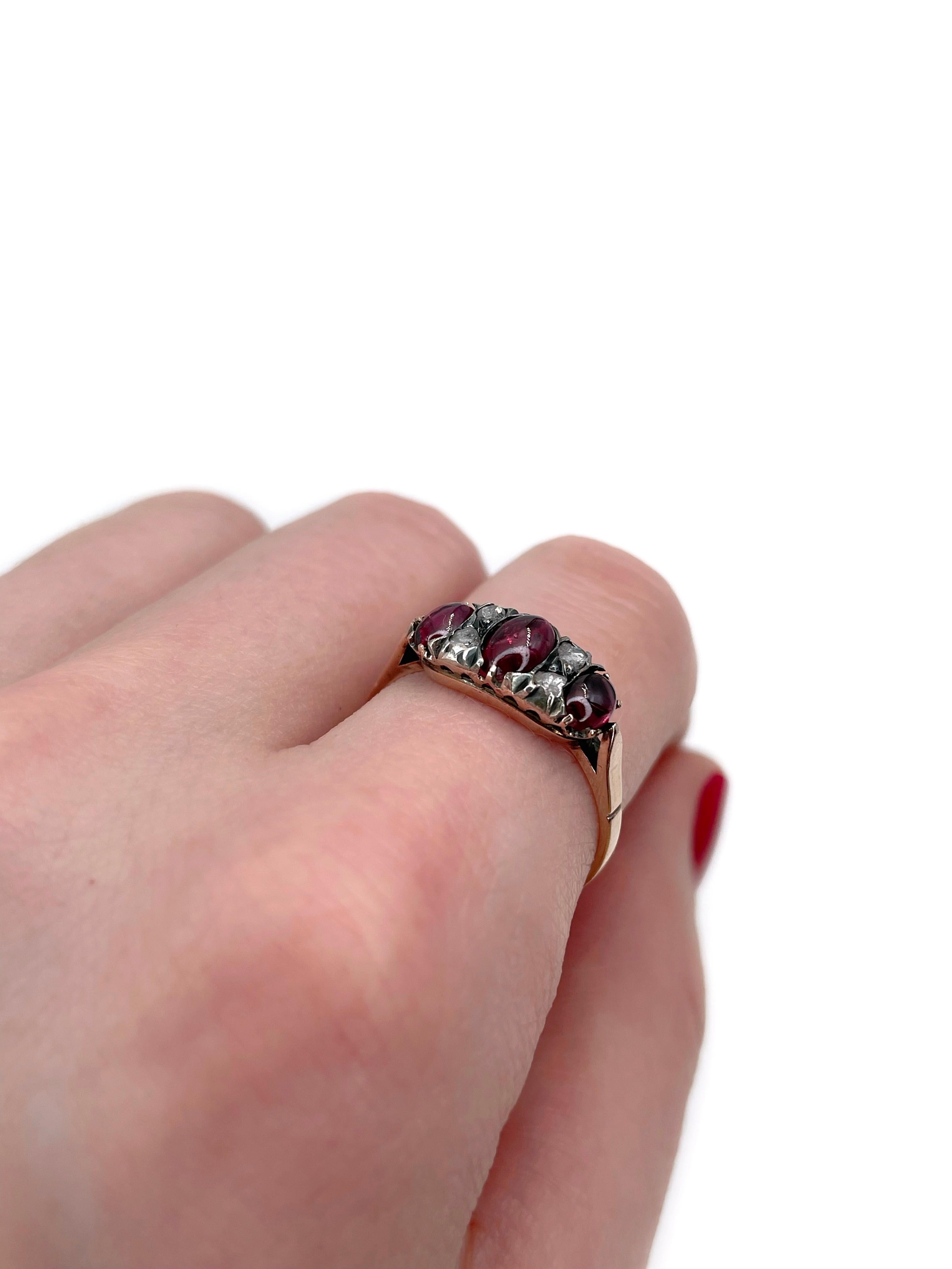 Mixed Cut Edwardian 9 Karat Gold Garnet Rose Cut Diamond Three-Stone Ring For Sale