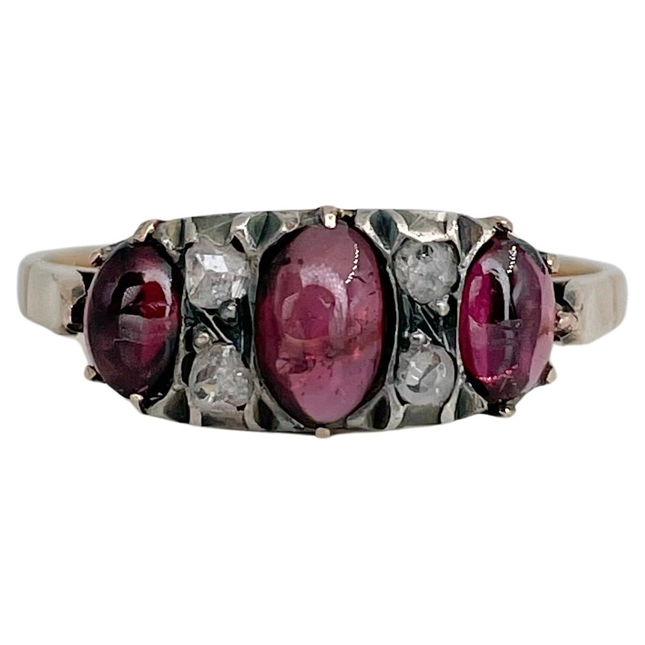 Edwardian 9 Karat Gold Garnet Rose Cut Diamond Three-Stone Ring