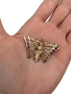 Edwardian 9 Karat Gold Perle Rosenschliff Diamant Pink Saphir Schmetterling Brosche